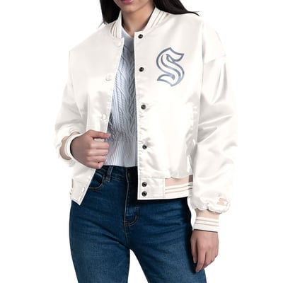 Seattle Kraken Starter Women's Fashion Script Satin Full-Snap Varsity Jacket - Cream