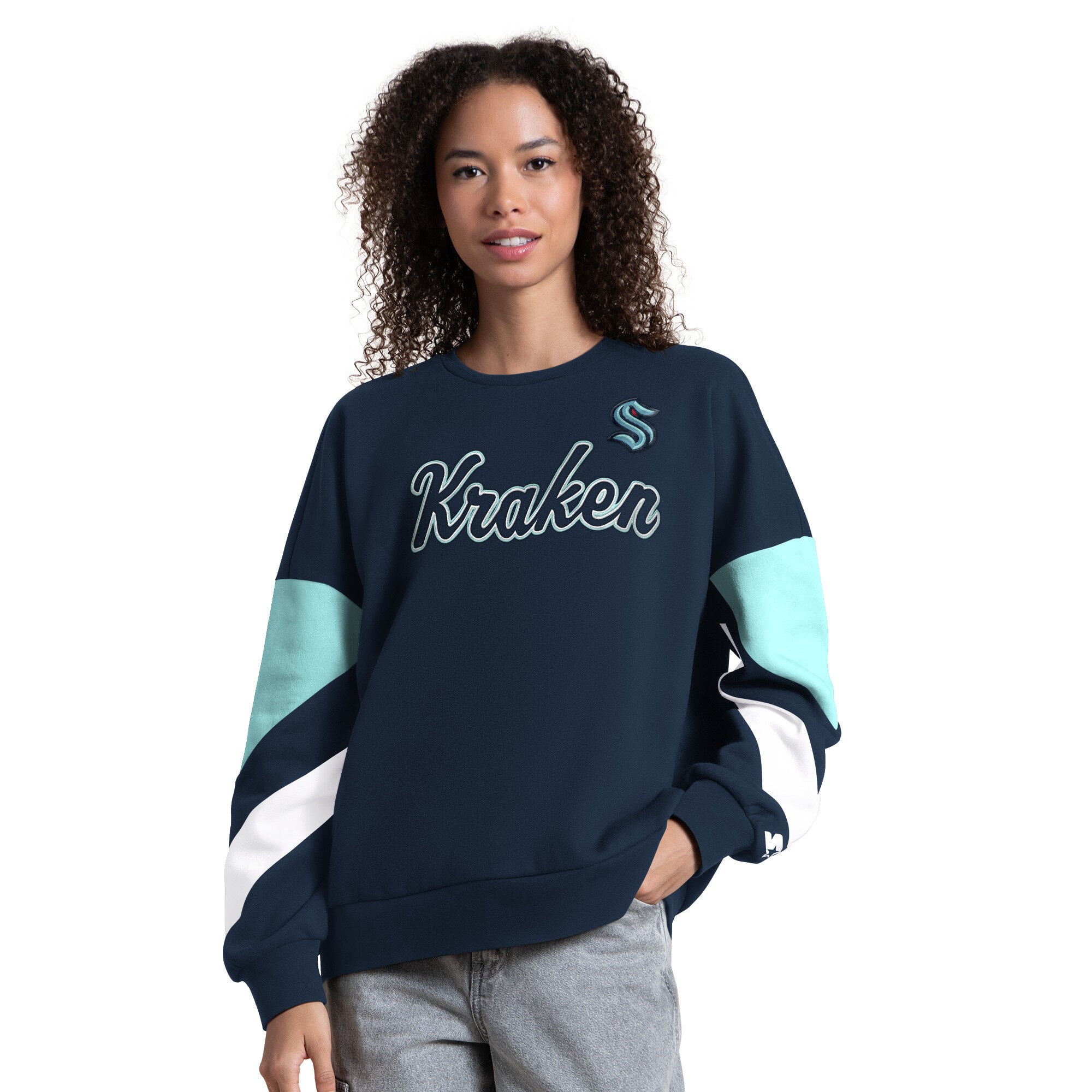 Women's Starter Deep Sea Blue Seattle Kraken Grand Slam Sleeve Color Block Sweatshirt
