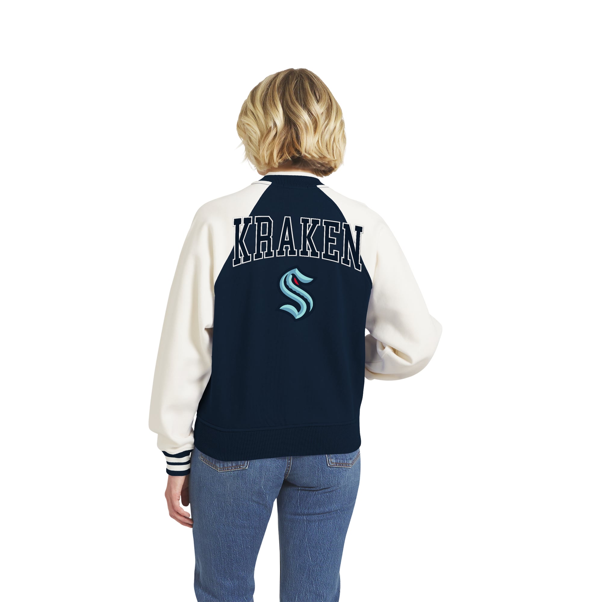 Women's WEAR by Erin Andrews Deep Sea Blue/White Seattle Kraken Fleece Varsity Full-Zip Jacket