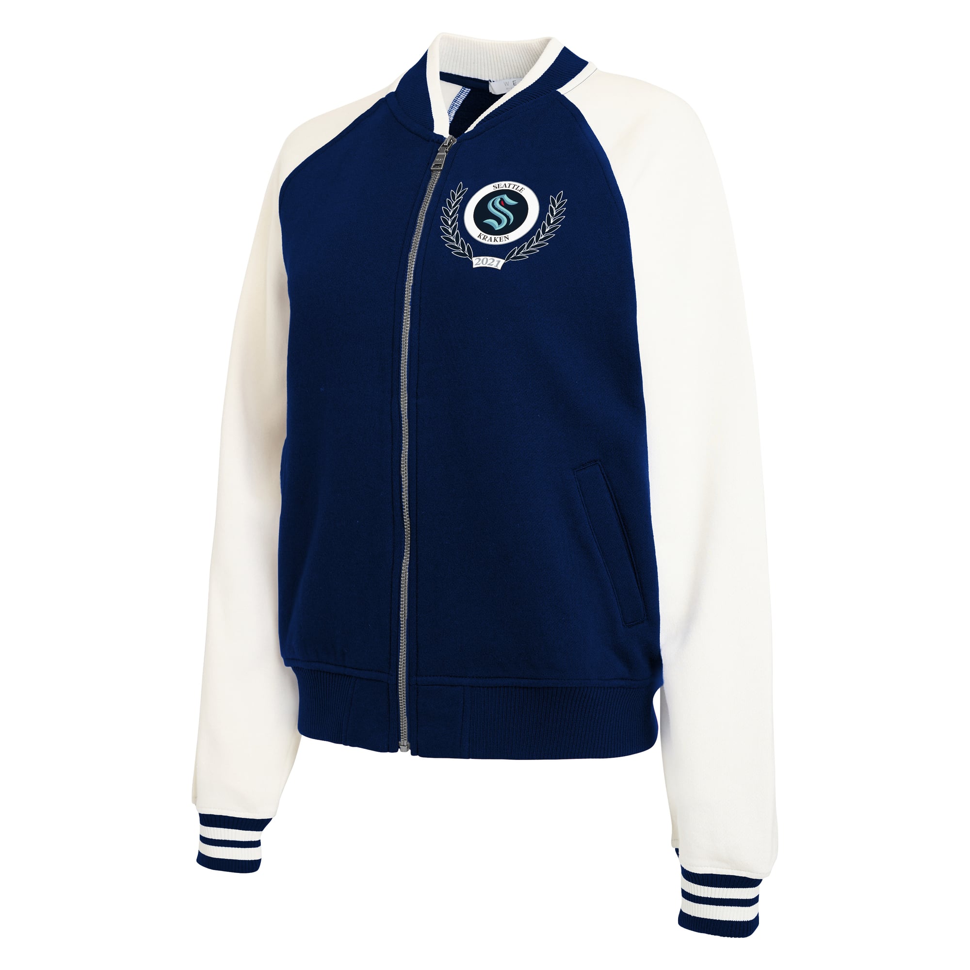 Women's WEAR by Erin Andrews Deep Sea Blue/White Seattle Kraken Fleece Varsity Full-Zip Jacket