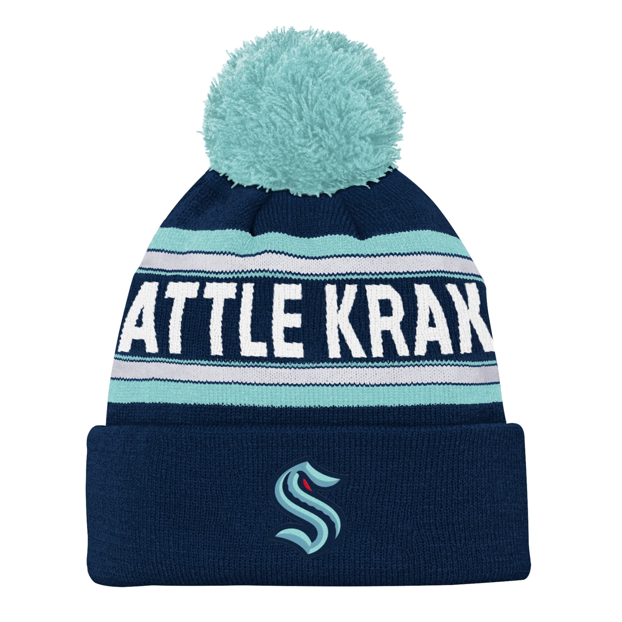 Bonnet en tricot à revers jacquard bleu profond Seattle Kraken pour jeunes avec pompon