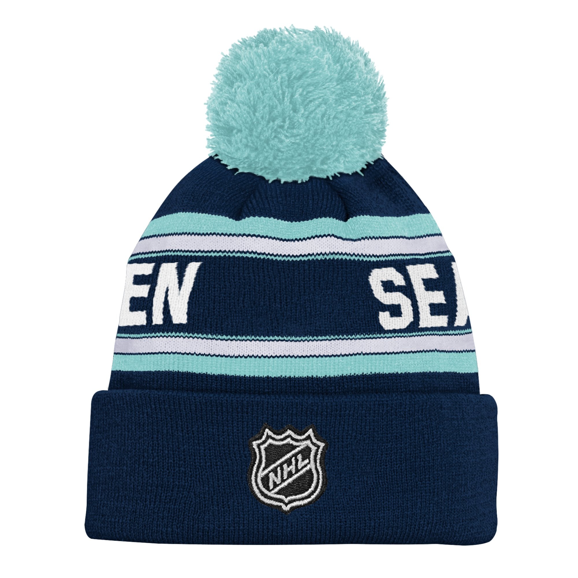 Bonnet en tricot à revers jacquard bleu profond Seattle Kraken pour jeunes avec pompon