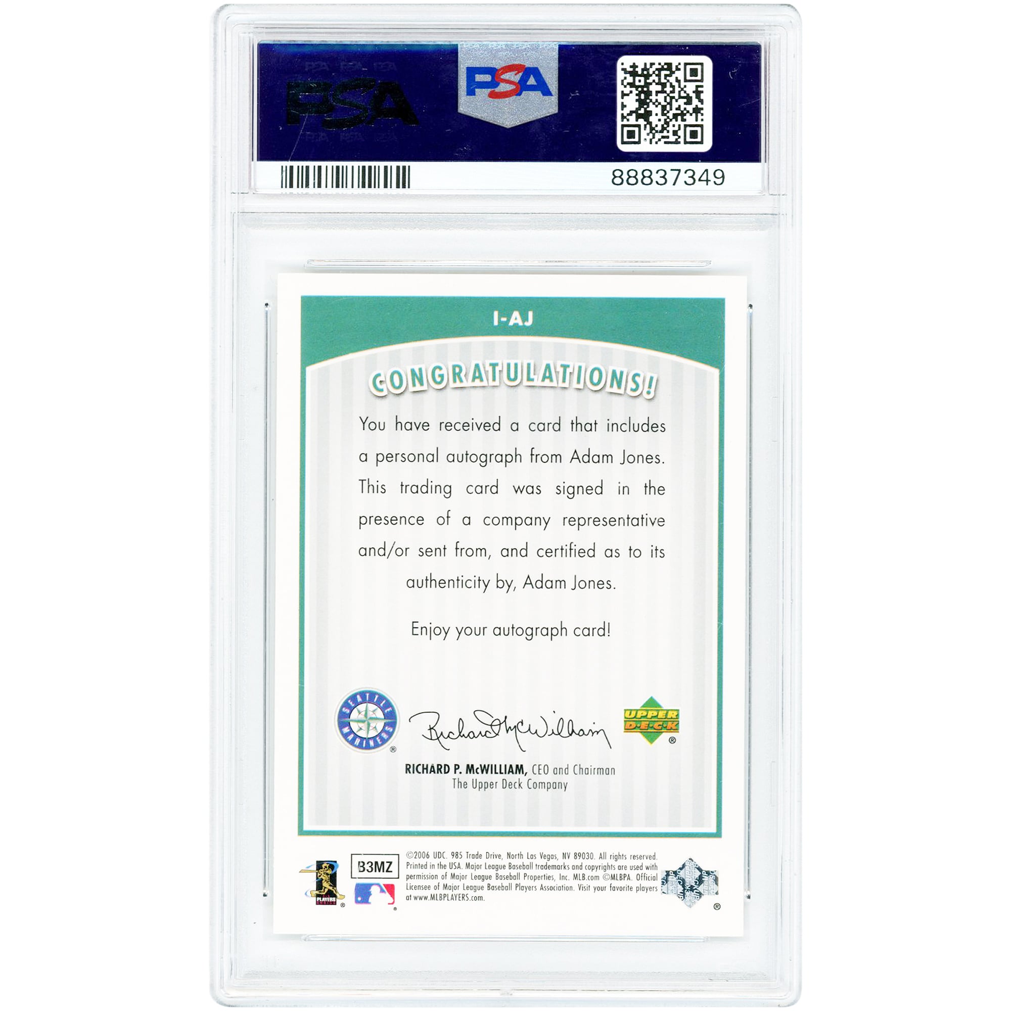 Adam Jones Seattle Mariners Autographed 2006 Upper Deck Inkredible #I-AJ PSA Authenticated 10 Card
