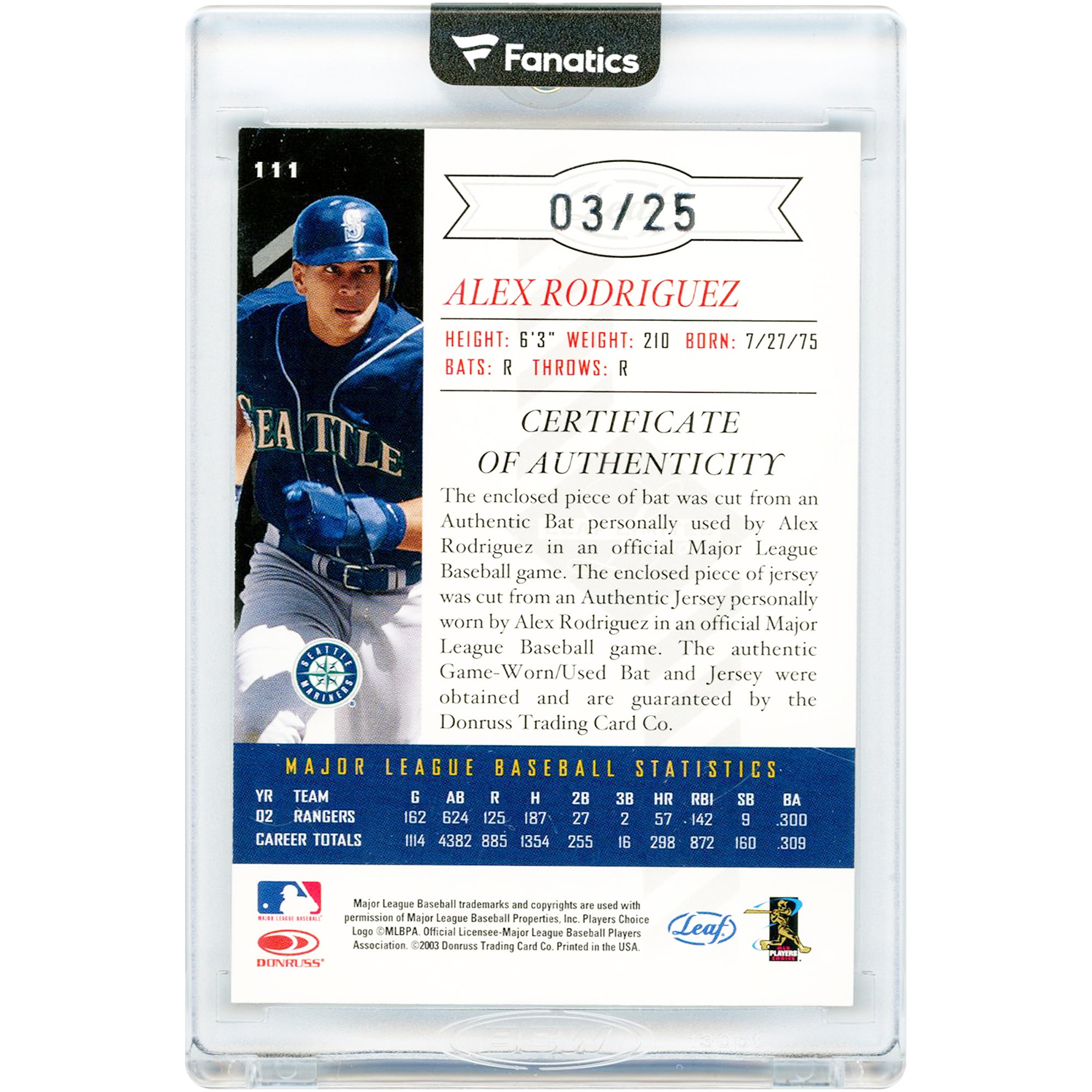 Alex Rodriguez Seattle Mariners 2003 Leaf Limited Dual Game Used Relics #111 #3/25 Card
