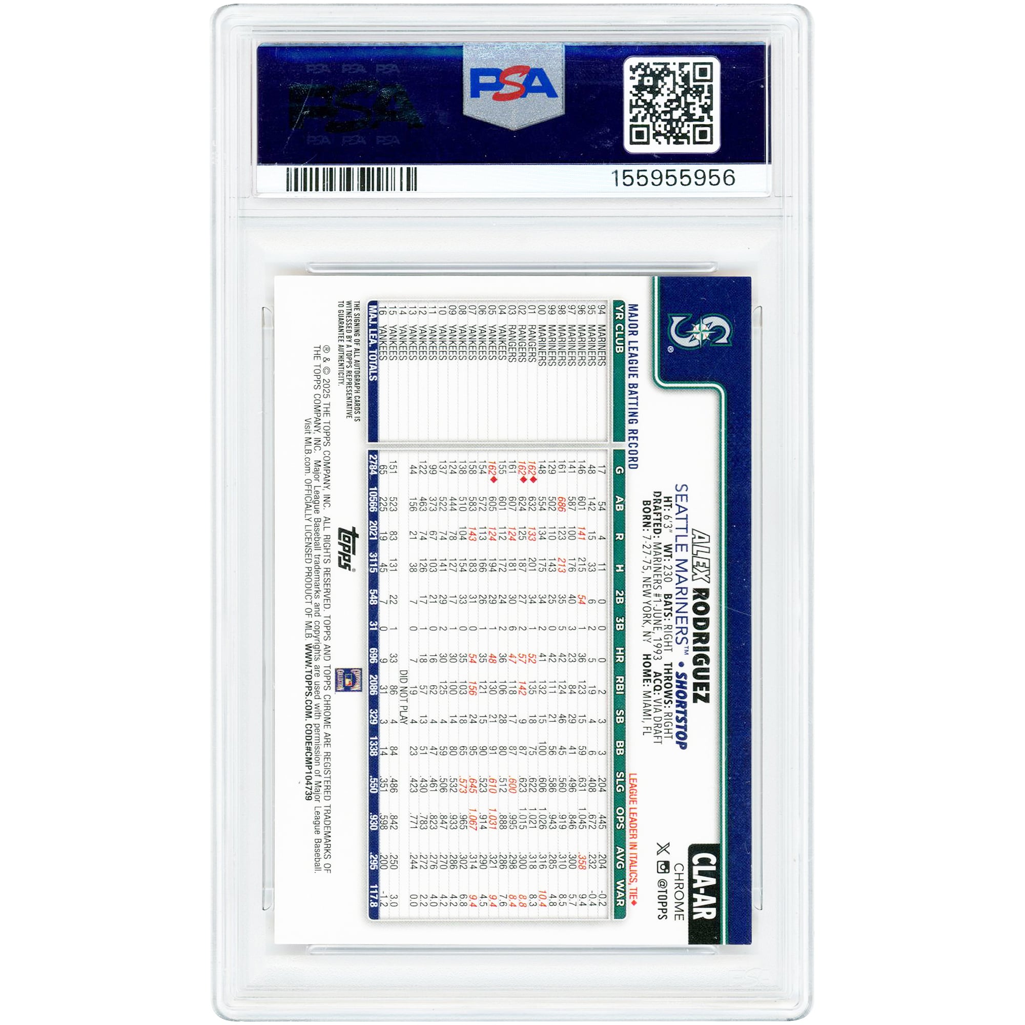 Carte autographiée d'Alex Rodriguez (Seattle Mariners) 2025 Topps Chrome Legends Orange Refractor #CLA-AR # 11, authentifiée par PSA.
