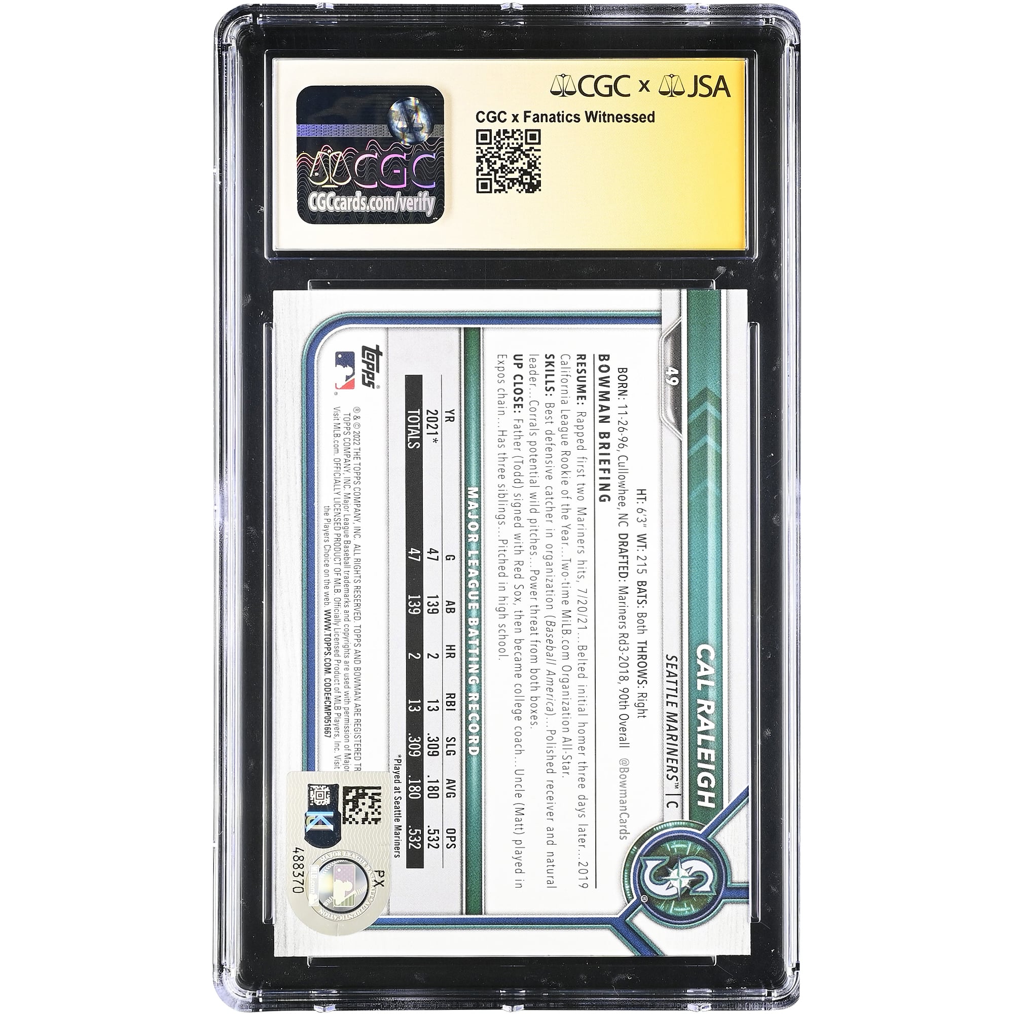 Carte de recrue autographiée de Cal Raleigh Seattle Mariners, Bowman n° 49, année 2022