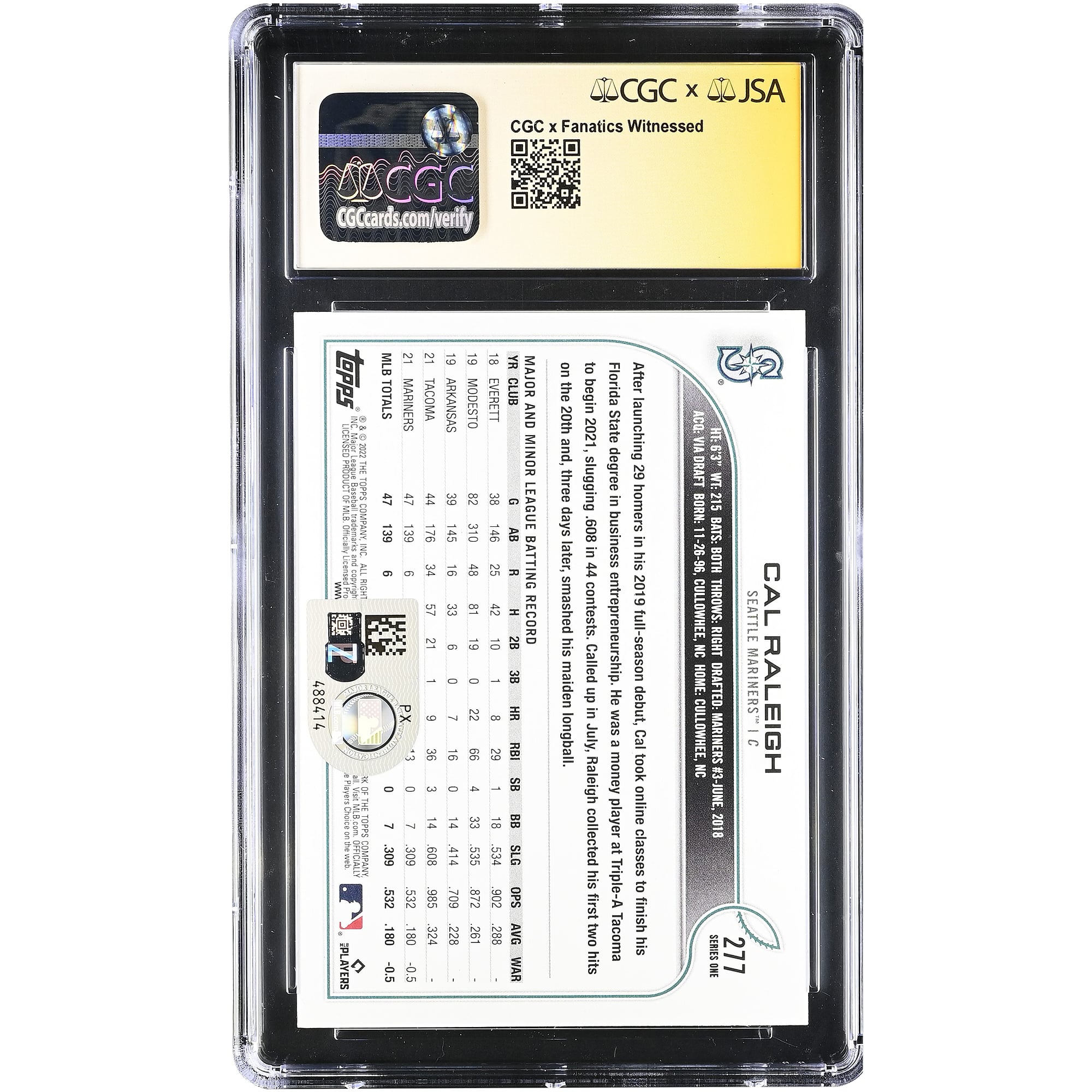 Carte de recrue autographiée Cal Raleigh Seattle Mariners 2022 Topps n° 277, authentifiée CGC 9,5/10