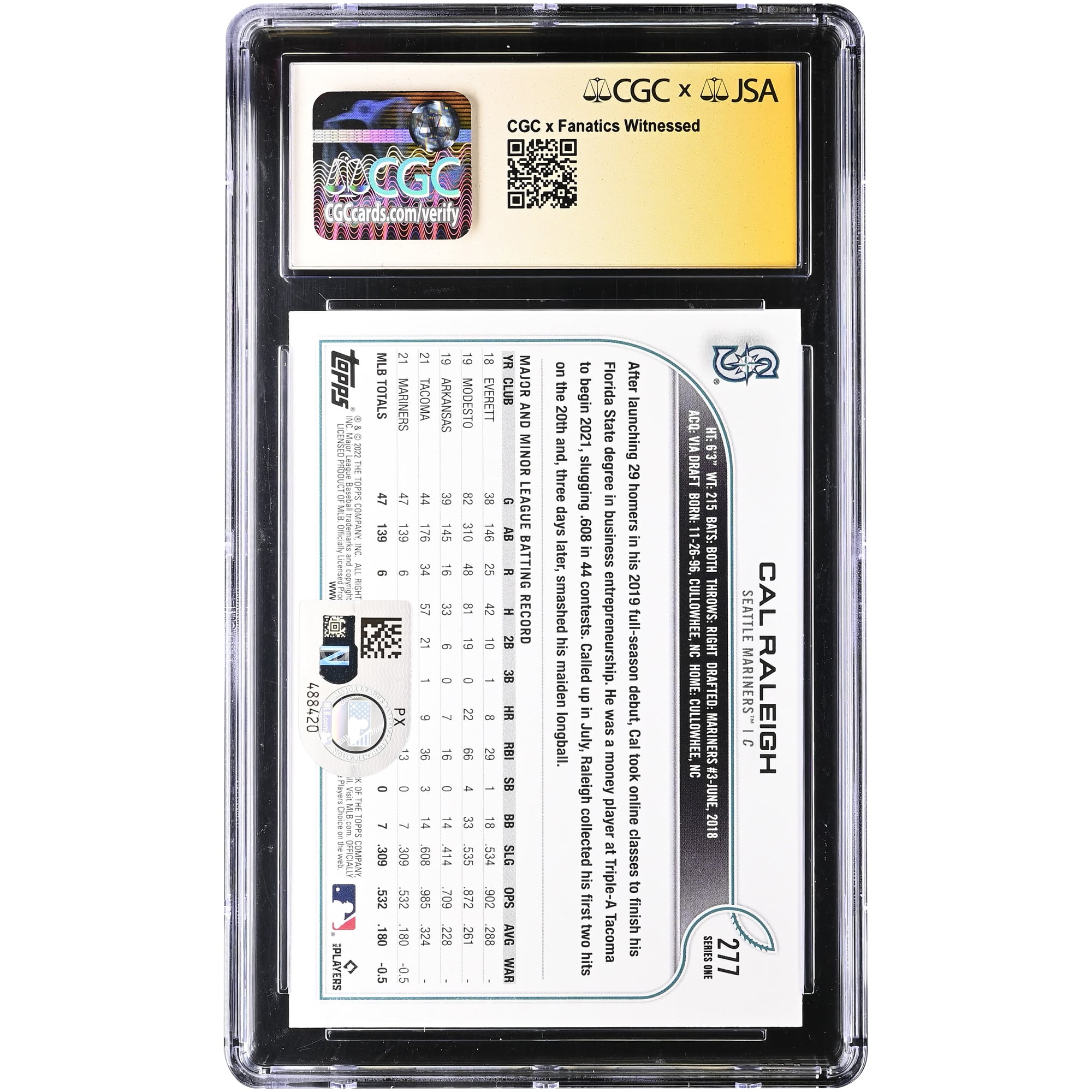 Cal Raleigh Seattle Mariners Autographed 2022 Topps #277 CGC Authenticated Auto 10 Rookie Card