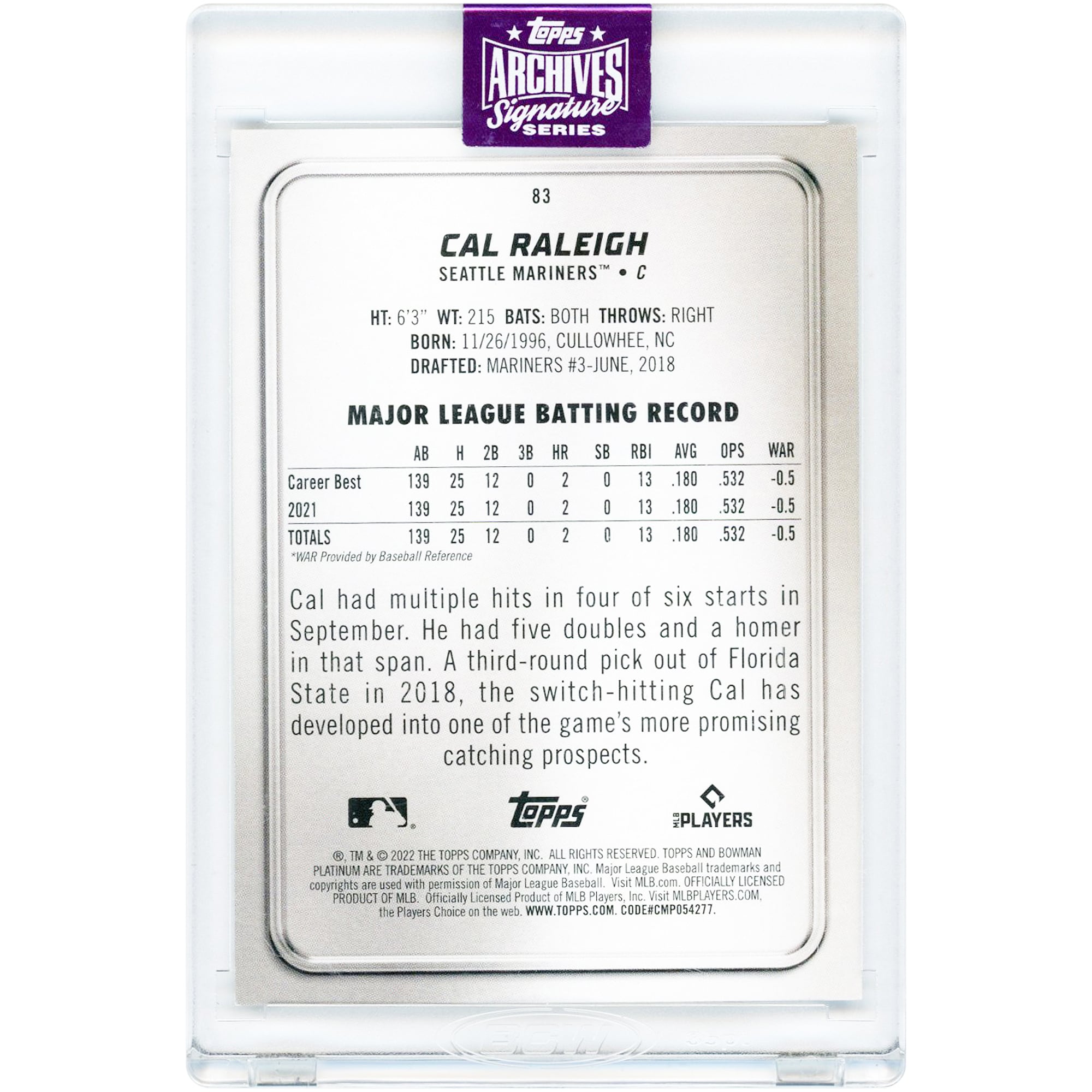Carte de recrue autographiée Cal Raleigh Seattle Mariners 2025 Topps Archives Signature Series 2022 Bowman Platinum Design n° 83 n ° 11