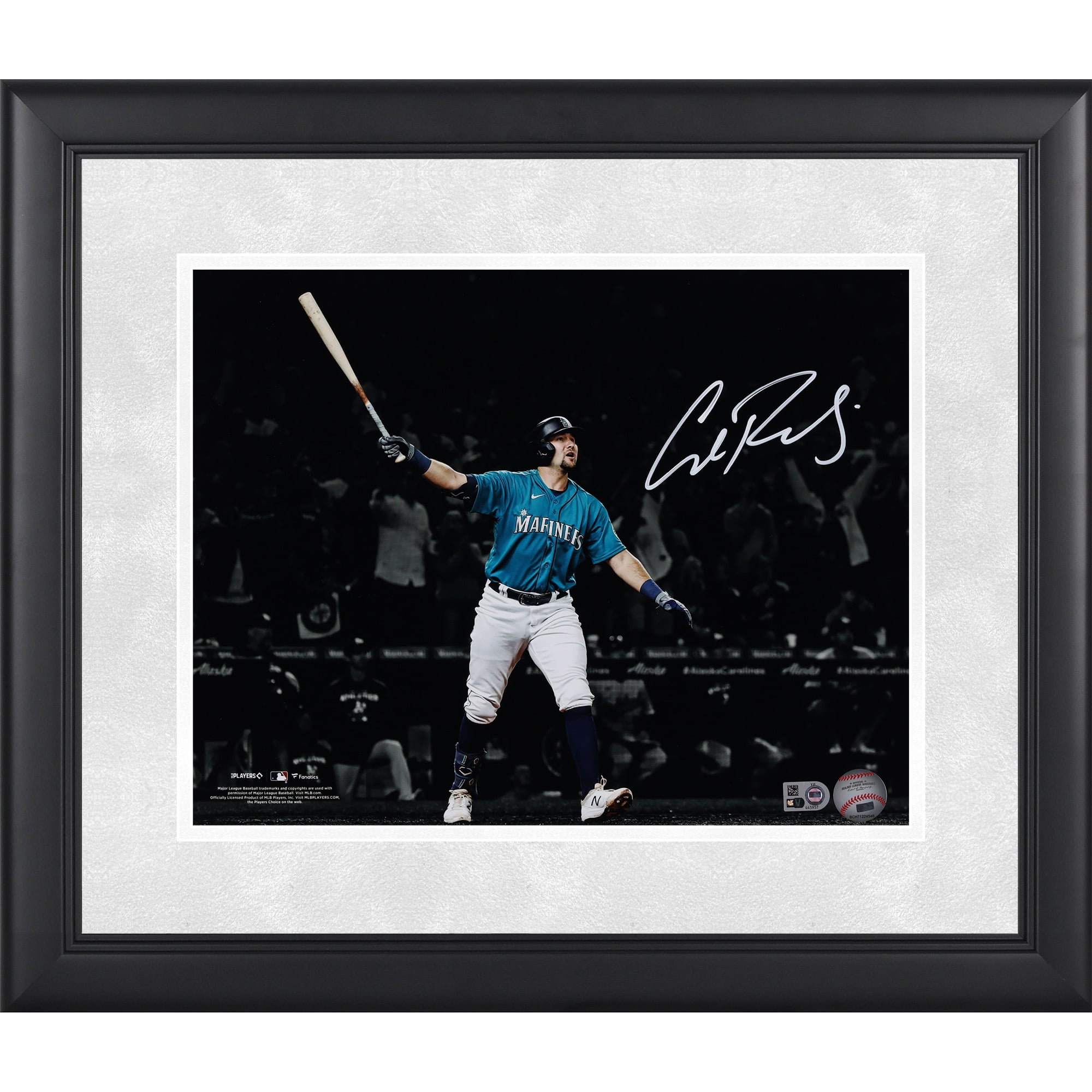 Photo encadrée et autographiée de Cal Raleigh, Seattle Mariners, 11 x 14 pouces, mettant en vedette un coup de circuit en séries éliminatoires