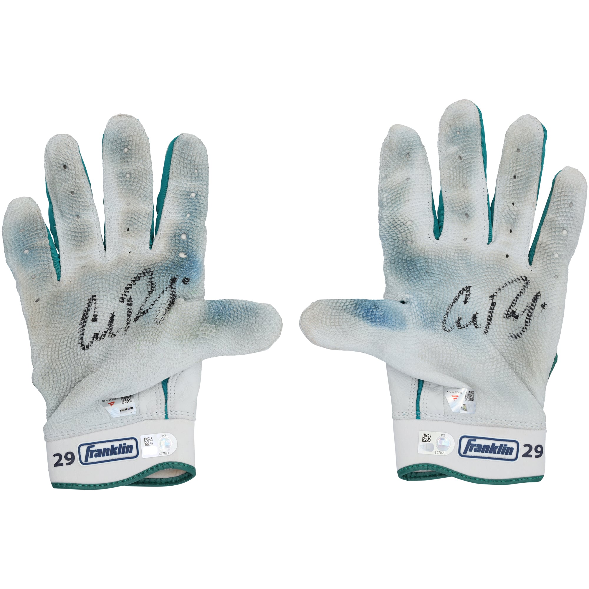 Cal Raleigh Seattle Mariners Autographed Game-Used White/Teal Franklin Batting Gloves from the 2025 MLB Season - NF70452463-64