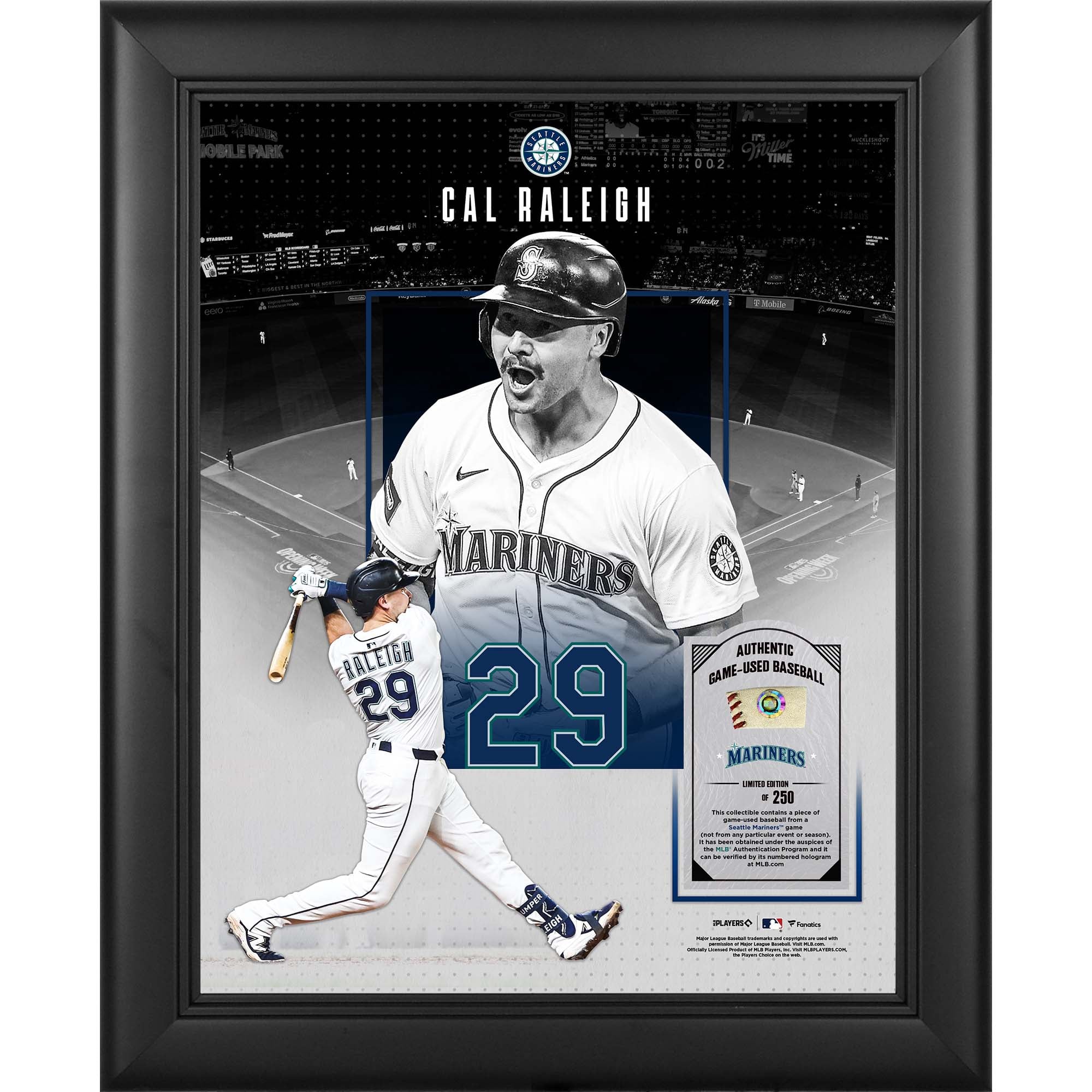 Collage encadré 11" x 14" des Mariners de Seattle, avec un morceau de balle utilisée en match - Édition limitée à 250 exemplaires