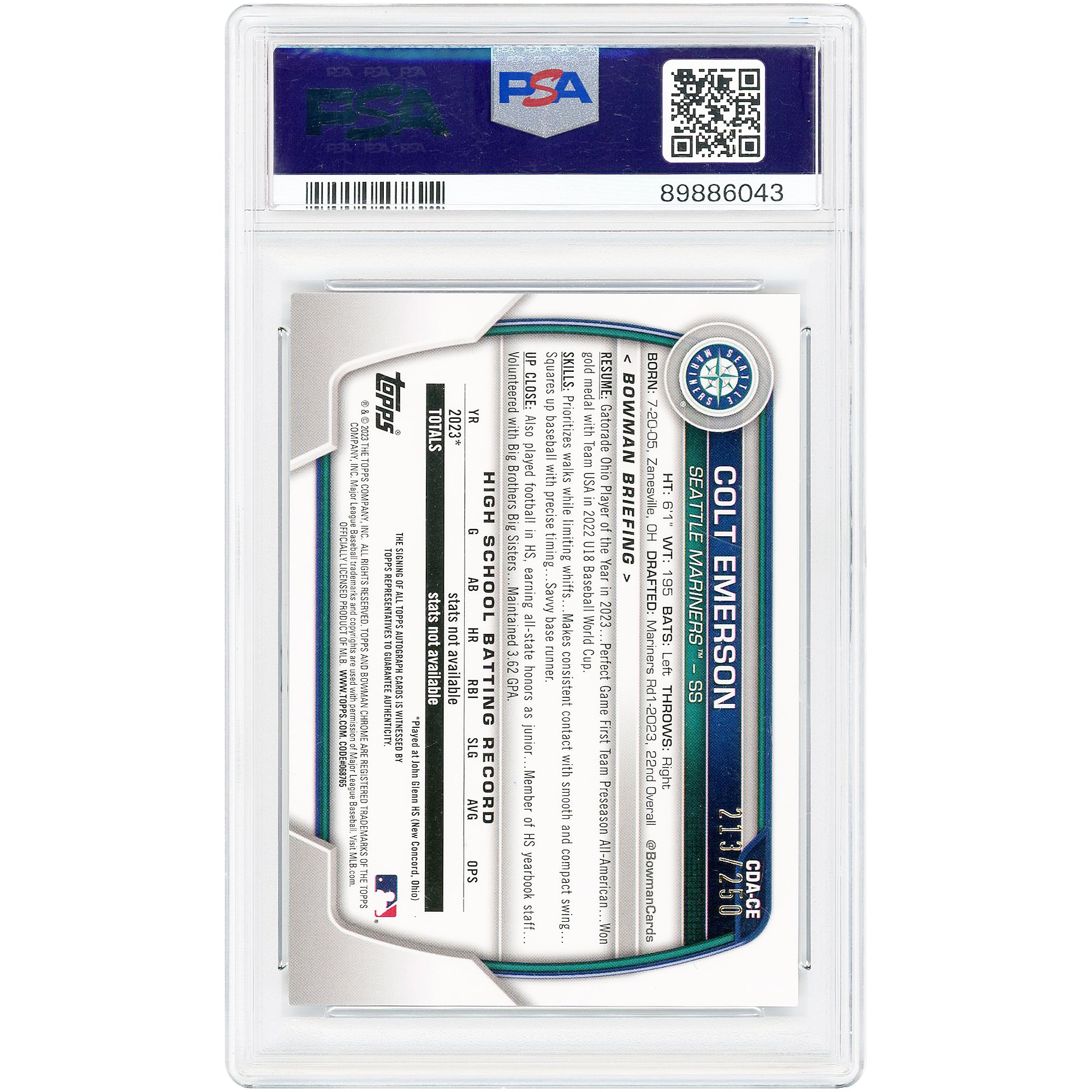Colt Emerson Seattle Mariners Autographed 2023 Bowman Draft Chrome Purple Refractor #CDA-CE #213/250 PSA Authenticated 10 Card