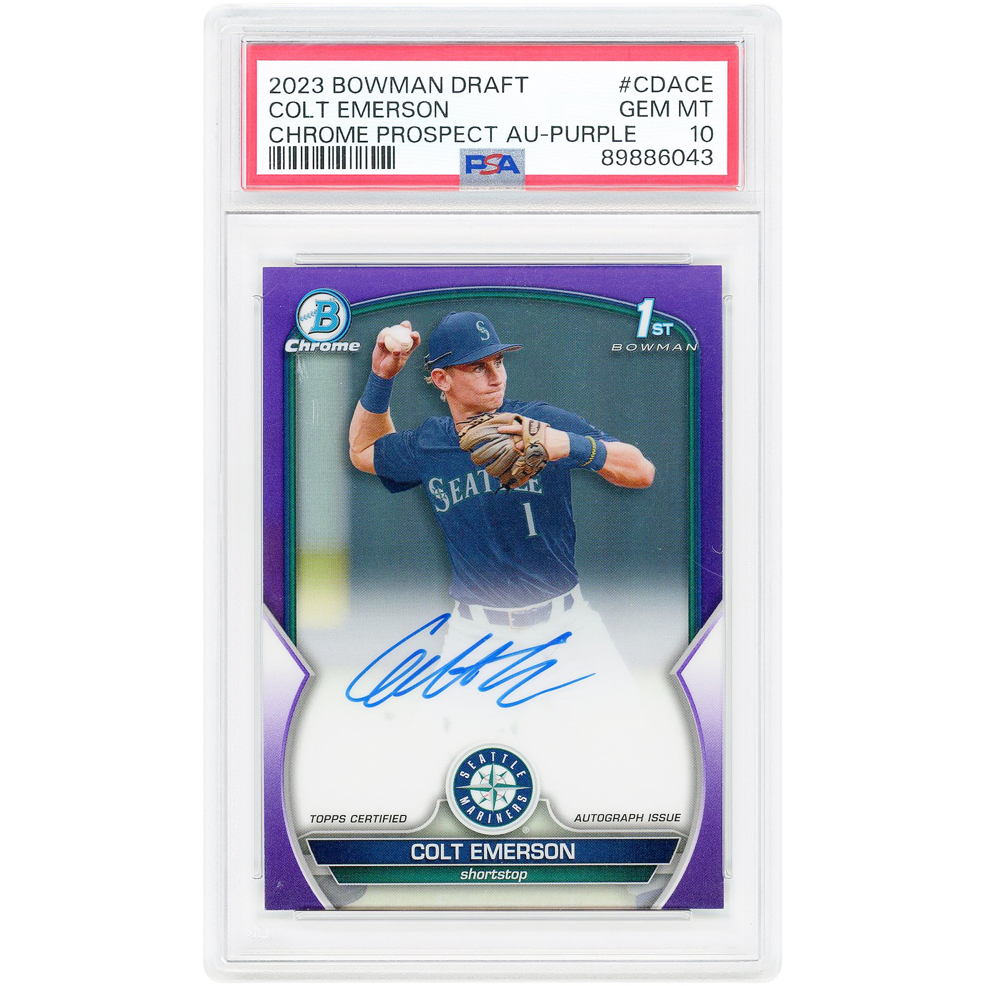 Colt Emerson Seattle Mariners Autographed 2023 Bowman Draft Chrome Purple Refractor #CDA-CE #213/250 PSA Authenticated 10 Card