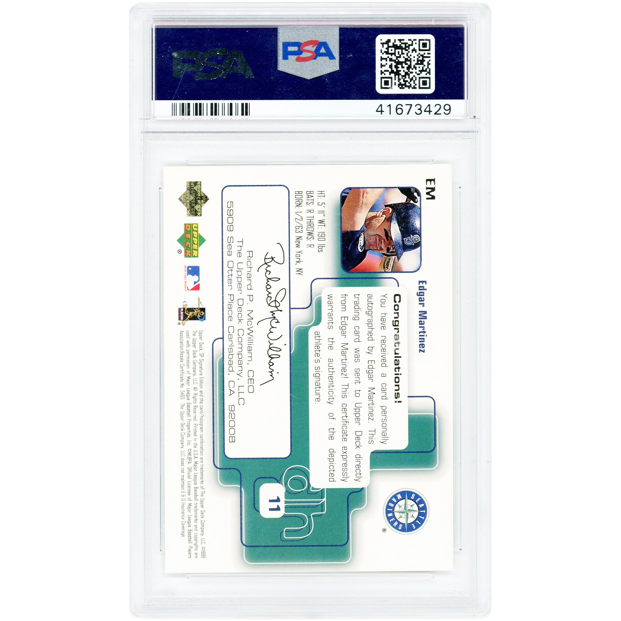 Edgar Martínez Seattle Mariners Autographed 1999 Upper Deck SP Signature Edition #EM PSA Authenticated 9 Card