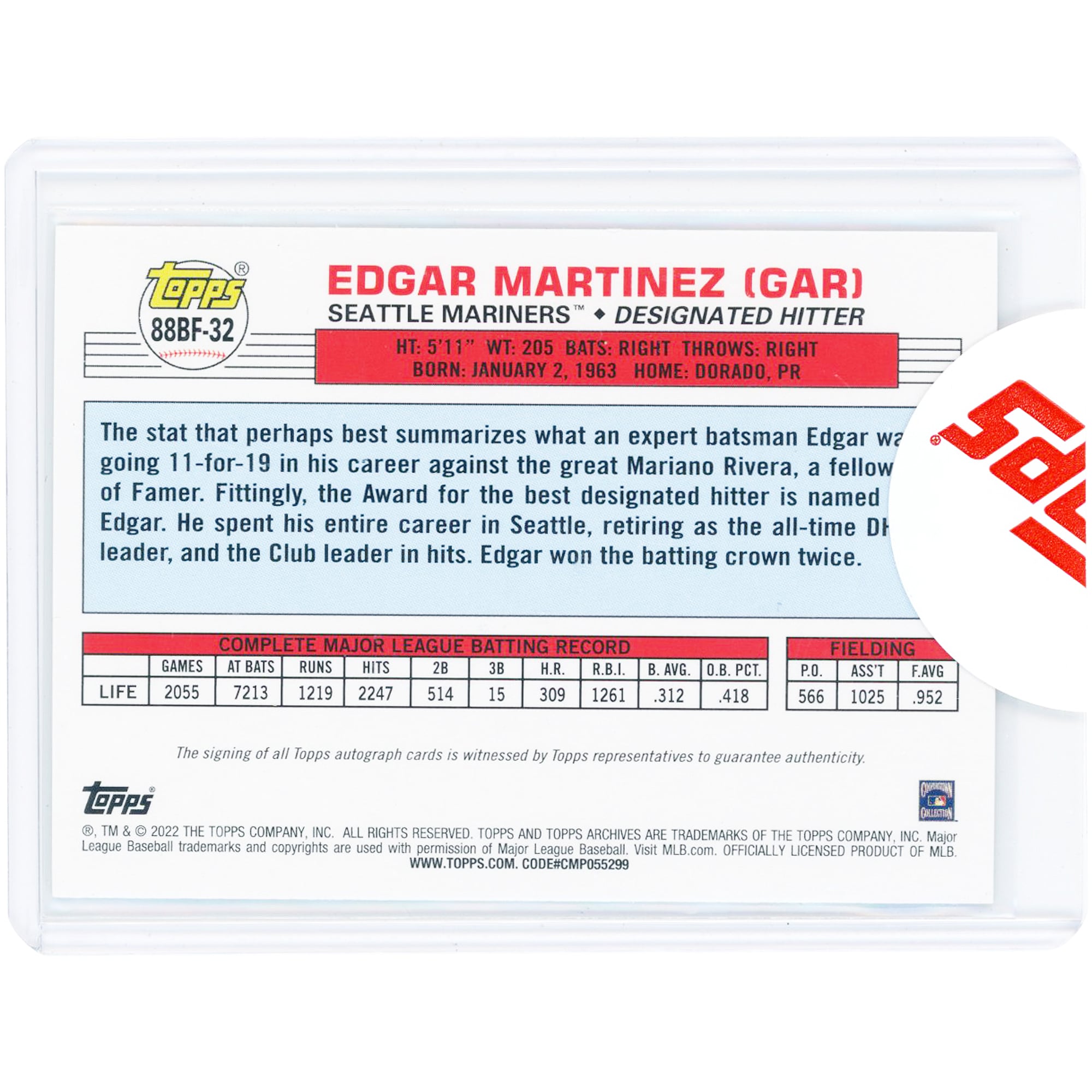 Carte autographiée Edgar Martínez des Mariners de Seattle, collection Topps Archives 2022, design Big Foil 1988, n° 88BF-32