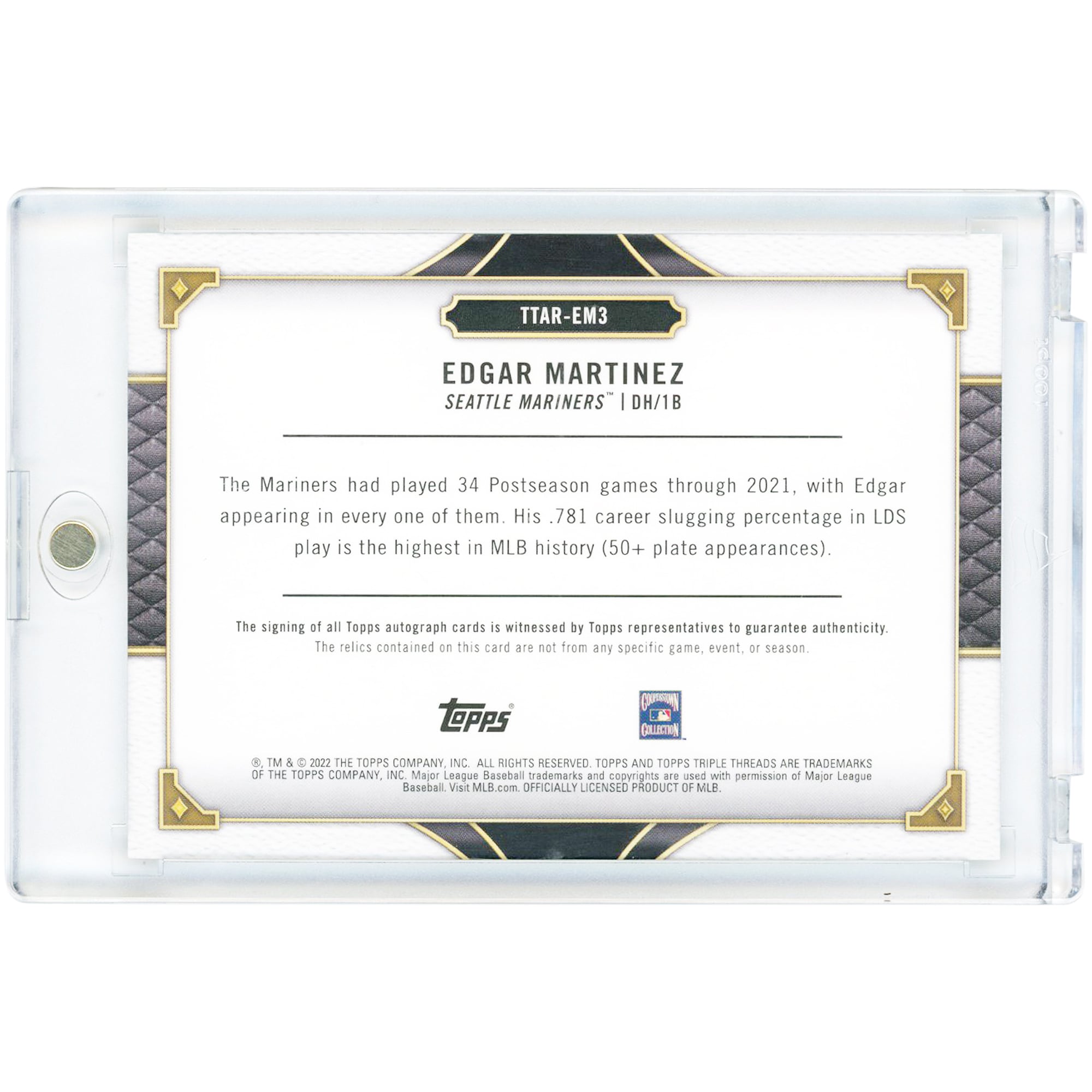 Carte autographiée Edgar Martínez Seattle Mariners 2022 Topps Triple Thread Triple Game Used Bat & Jersey Relics #TTAR-EM3 #13/27