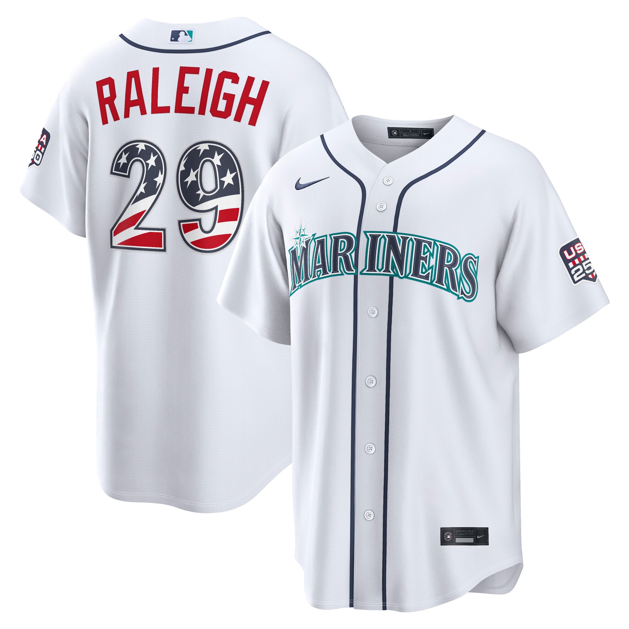 Maillot de stade Nike blanc USA 250 des Mariners Seattle pour hommes, édition spéciale 4 juillet, Cal Raleigh
