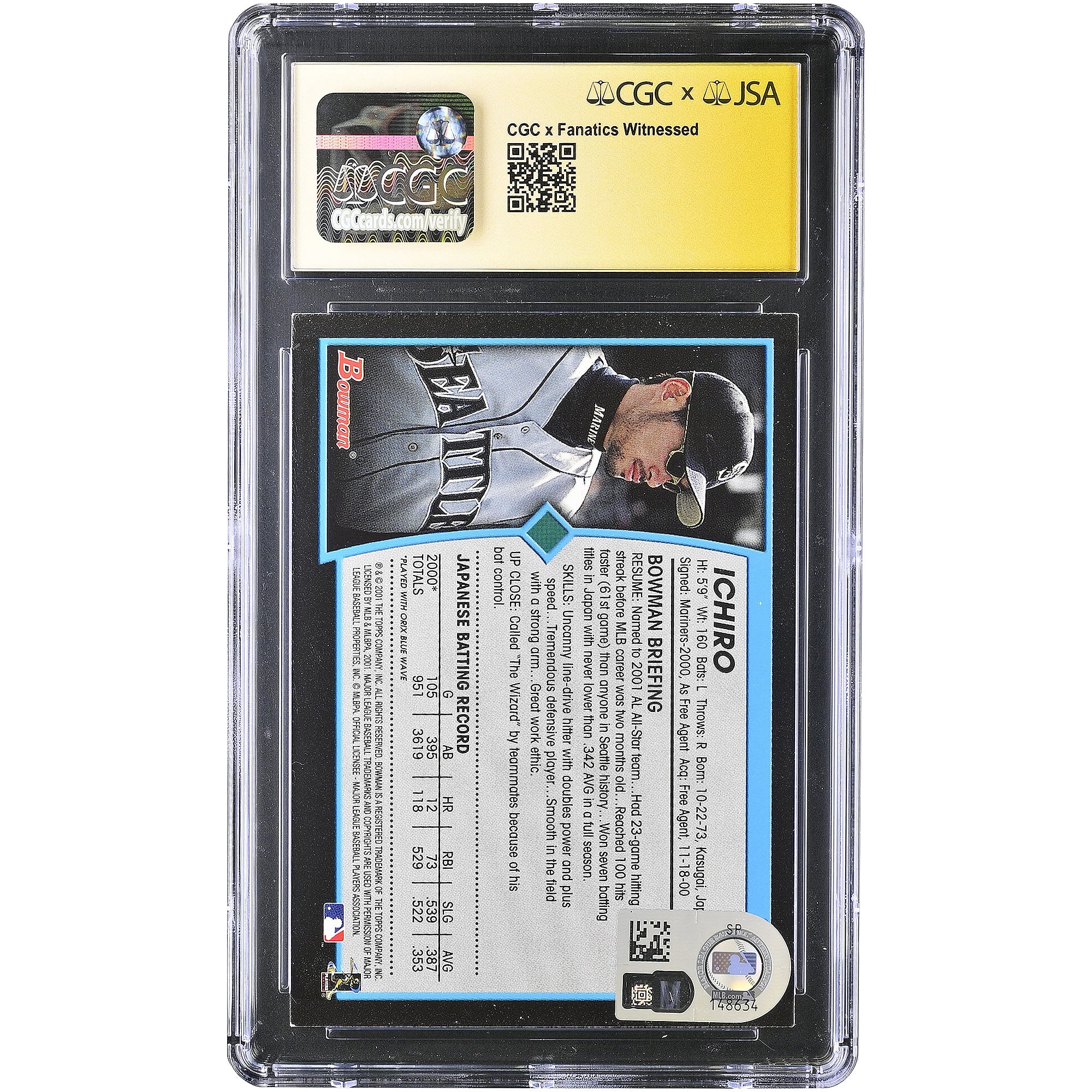 Ichiro Suzuki Seattle Mariners Autographed 2001 Bowman Draft Picks & Prospects Kanji #BDP84 CGC Fanatics Witnessed Authenticated AUTO 10 Rookie Card