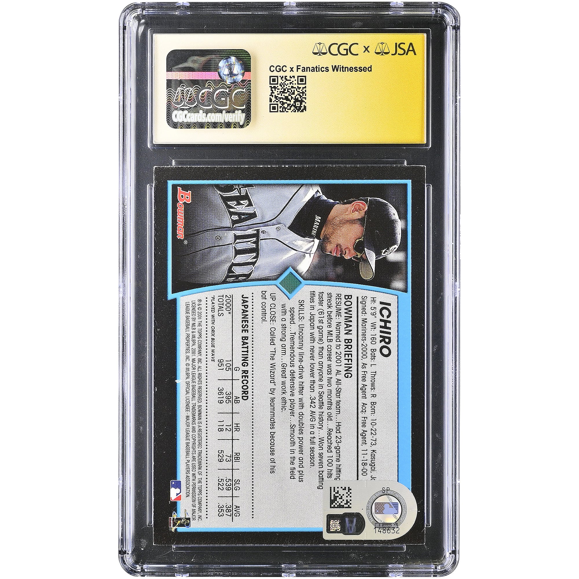 Ichiro Suzuki Seattle Mariners Autographed 2001 Bowman Draft Picks & Prospects #BDP84 CGC Fanatics Witnessed Authenticated AUTO 10 Rookie Card