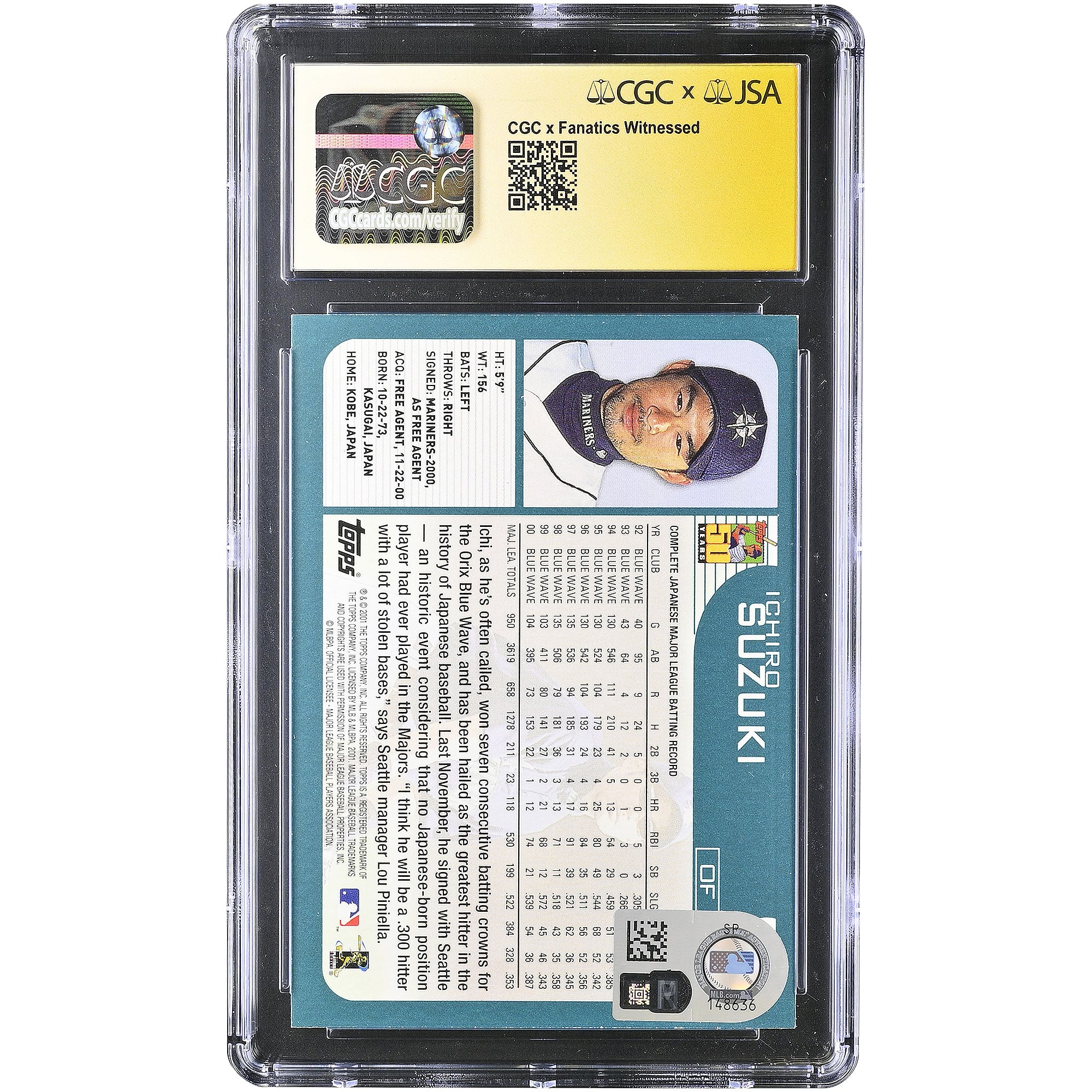Ichiro Suzuki Seattle Mariners Autographed 2001 Topps Kanji #726 CGC Fanatics Witnessed Authenticated AUTO 10 Rookie Card
