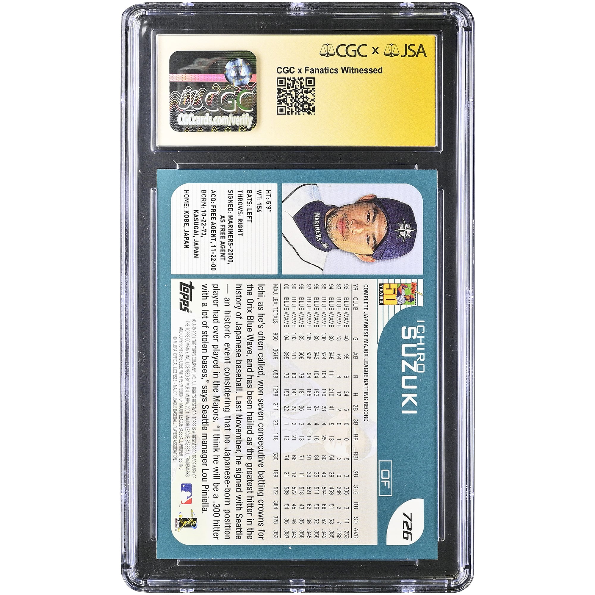 Ichiro Suzuki Seattle Mariners Autographed 2001 Topps #726 CGC Fanatics Witnessed Authenticated 9/10 Rookie Card