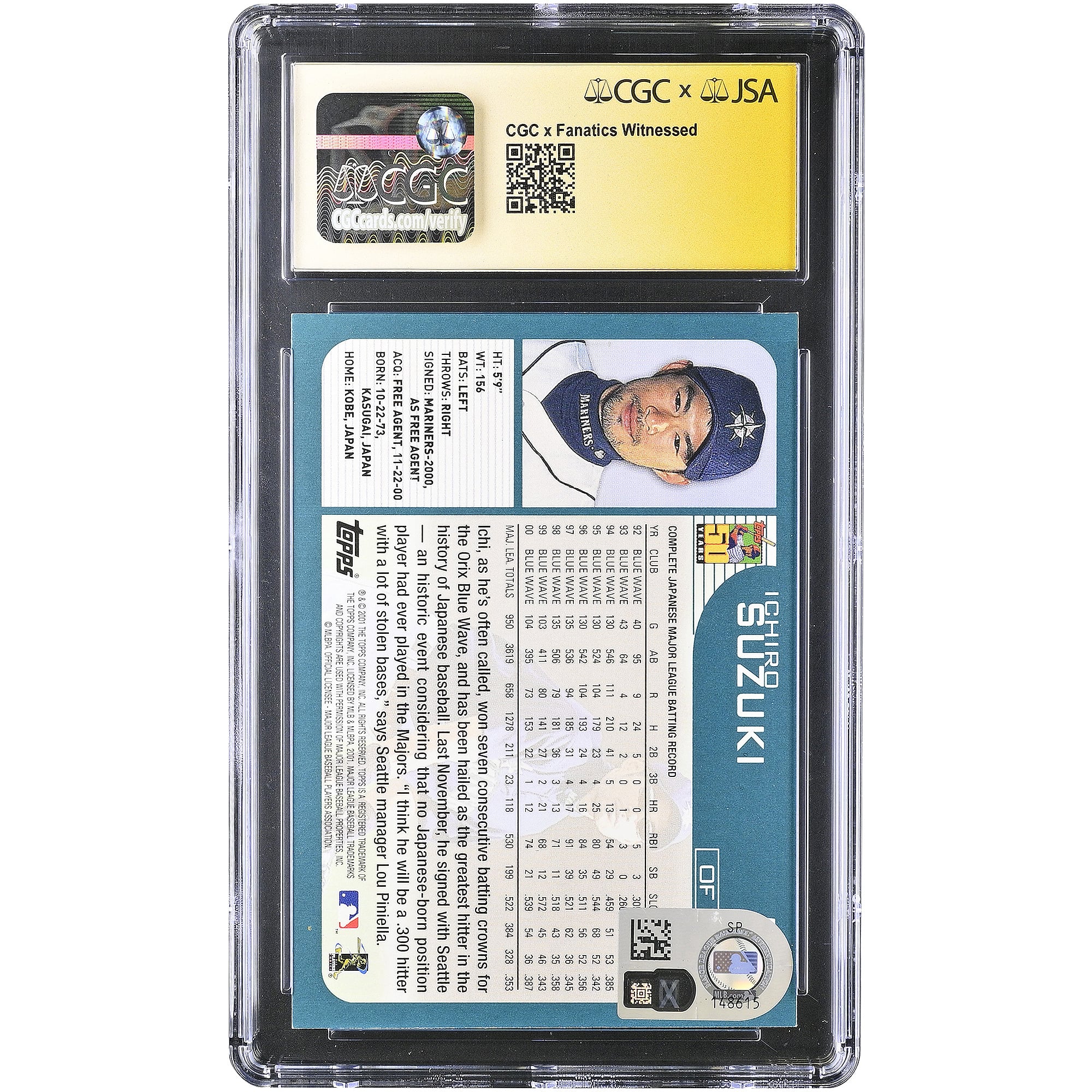 Ichiro Suzuki Seattle Mariners Autographed 2001 Topps #726 CGC Fanatics Witnessed Authenticated AUTO 10 Rookie Card with "01 ROY" Inscription