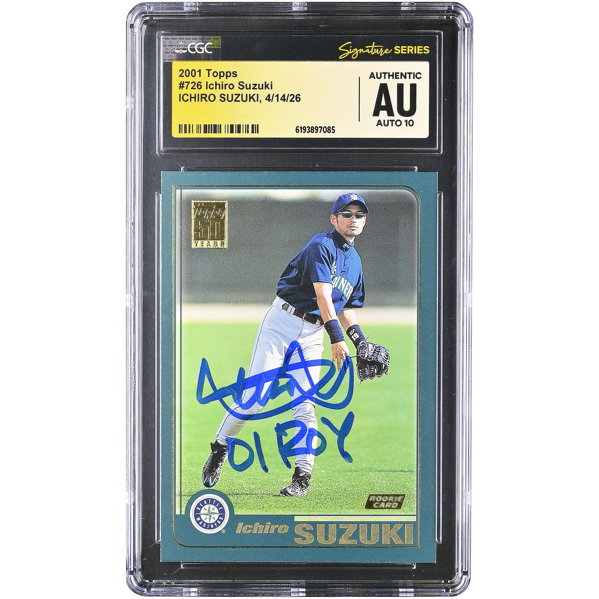 Ichiro Suzuki Seattle Mariners Autographed 2001 Topps #726 CGC Fanatics Witnessed Authenticated AUTO 10 Rookie Card with "01 ROY" Inscription