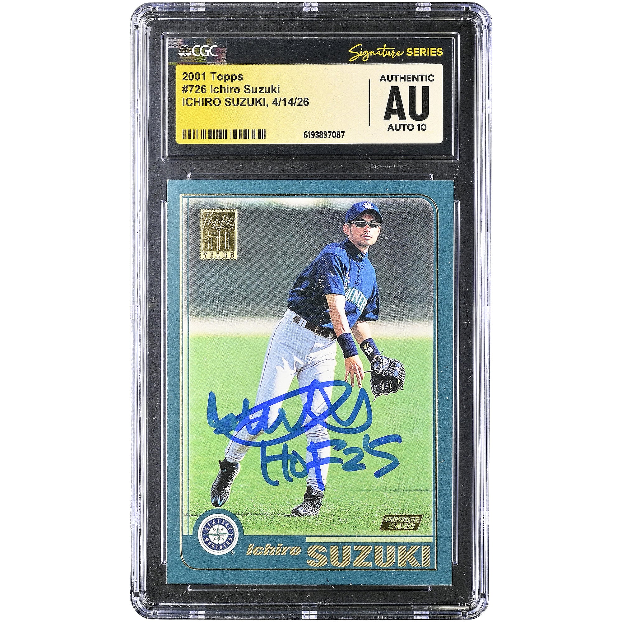 Ichiro Suzuki Seattle Mariners Autographed 2001 Topps #726 CGC Fanatics Witnessed Authenticated AUTO 10 Rookie Card with "HOF 25" Inscription