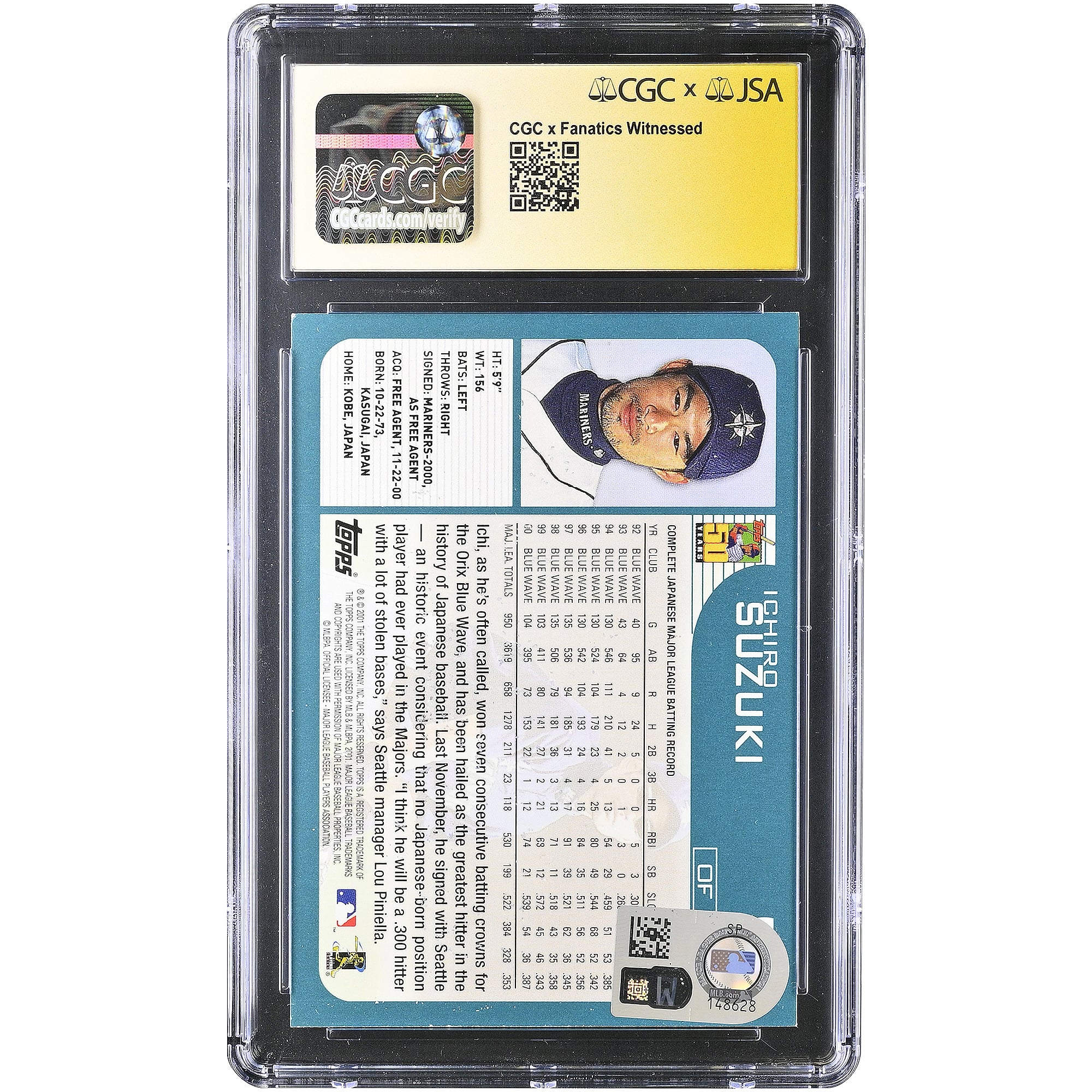 Ichiro Suzuki Seattle Mariners Autographed 2001 Topps #726 CGC Fanatics Witnessed Authenticated AUTO 10 Rookie Card with "HOF 25" Inscription