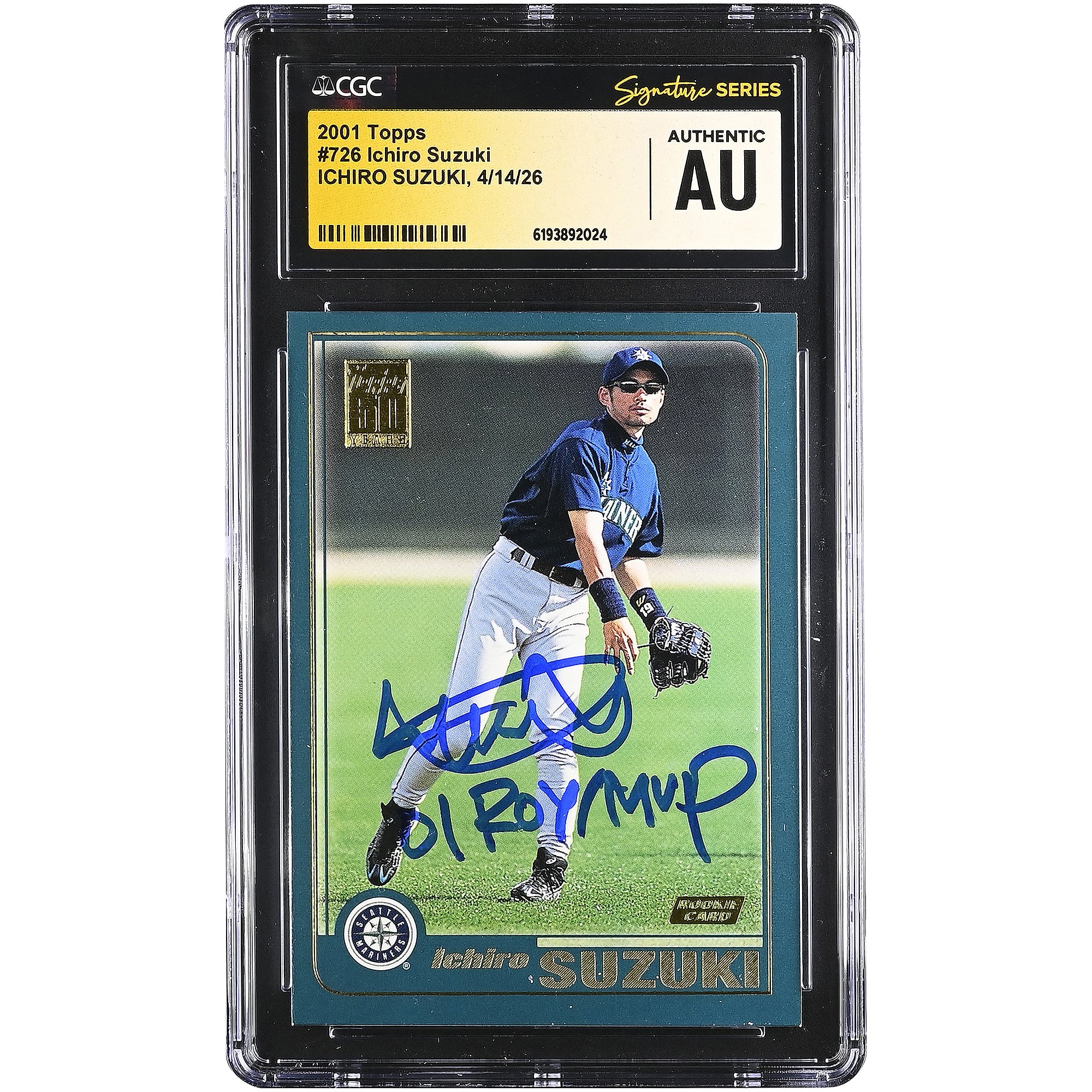 Ichiro Suzuki Seattle Mariners Autographed 2001 Topps #726 CGC Fanatics Witnessed Authenticated Rookie Card with "01 ROY/MVP" Inscription