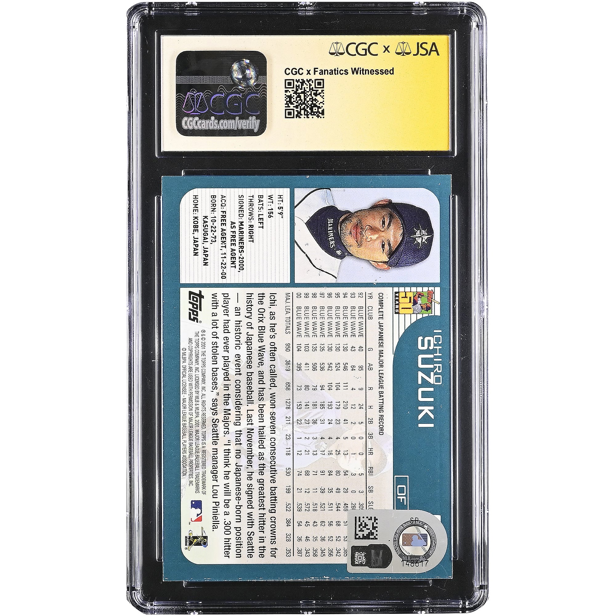 Ichiro Suzuki Seattle Mariners Autographed 2001 Topps #726 CGC Fanatics Witnessed Authenticated Rookie Card with "01 ROY/MVP" Inscription