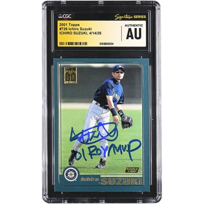 Ichiro Suzuki Seattle Mariners Autographed 2001 Topps #726 CGC Fanatics Witnessed Authenticated Rookie Card with "01 ROY/MVP" Inscription