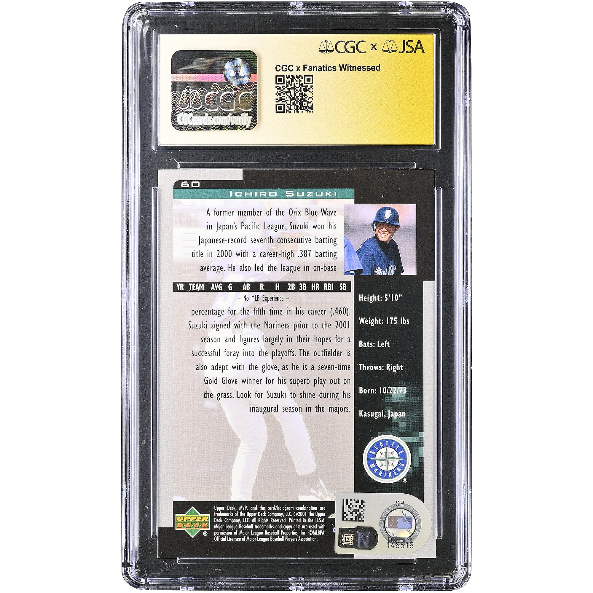 Ichiro Suzuki Seattle Mariners Autographed 2001 Upper Deck MVP #60 CGC Fanatics Witnessed Authenticated AUTO 10 Rookie Card