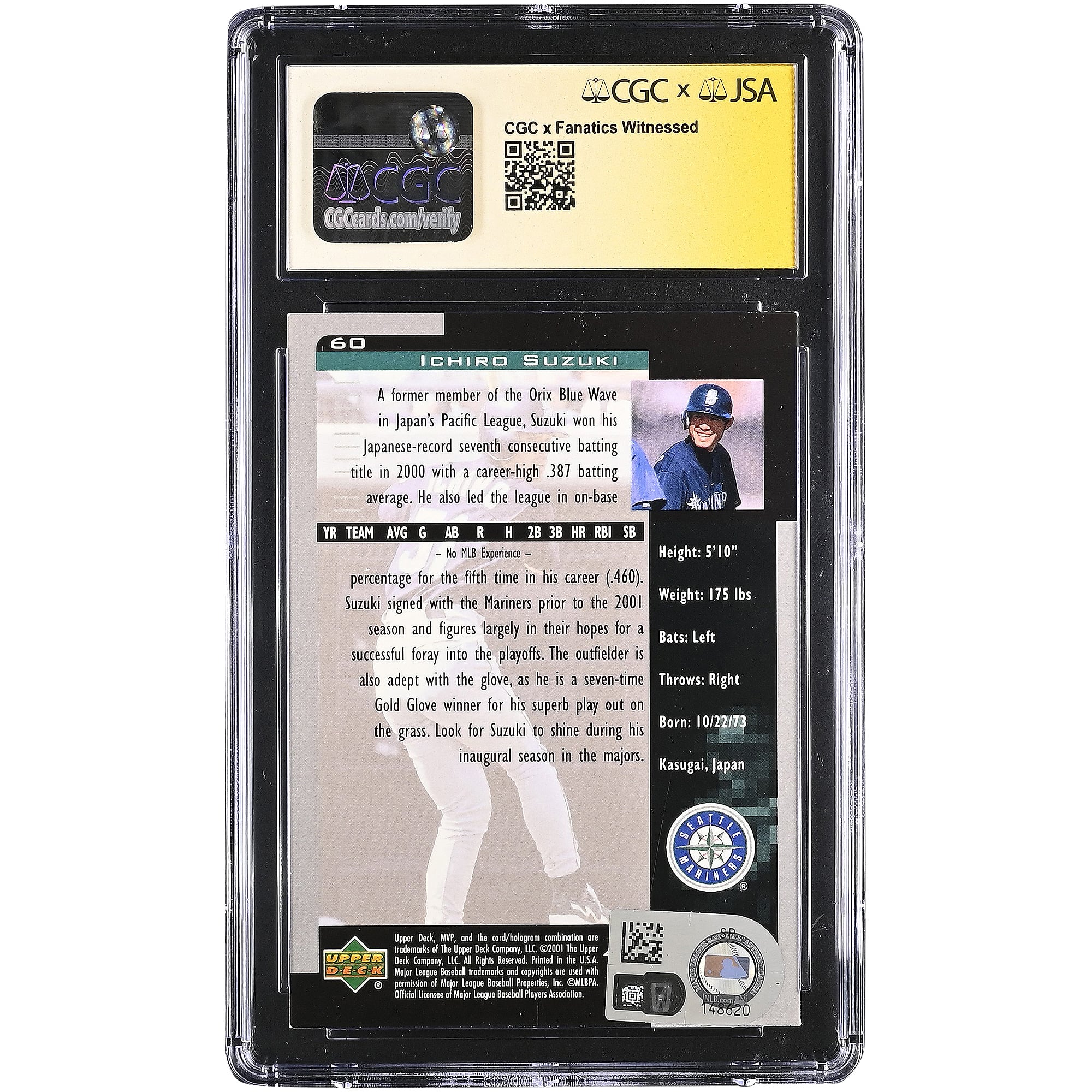 Ichiro Suzuki Seattle Mariners Autographed 2001 Upper Deck MVP #60 CGC Fanatics Witnessed Authenticated Rookie Card