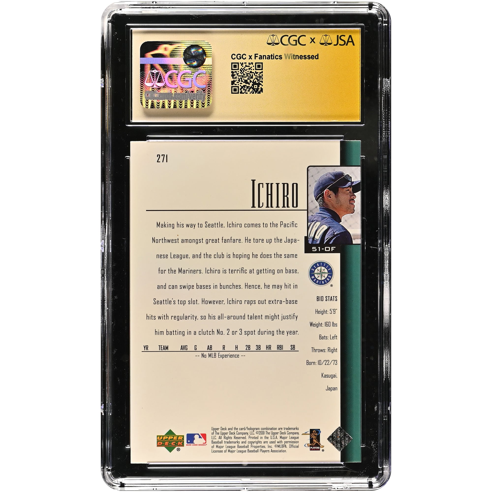 Ichiro Suzuki Seattle Mariners Autographed 2001 Upper Deck #271 CGC Fanatics Witnessed Authenticated /10 Rookie Card