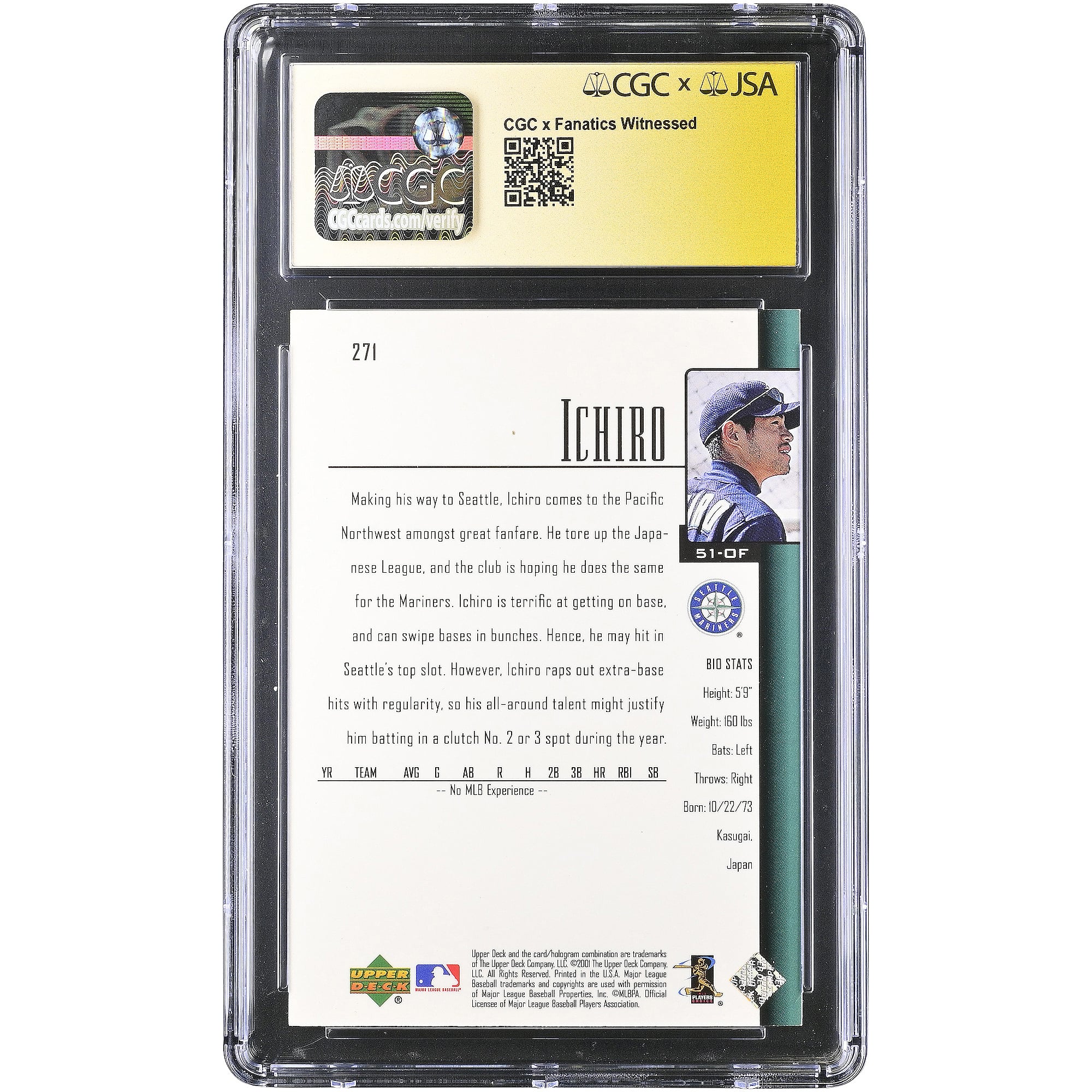 Ichiro Suzuki Seattle Mariners Autographed 2001 Upper Deck #271 CGC Fanatics Witnessed Authenticated AUTO 10 Rookie Card