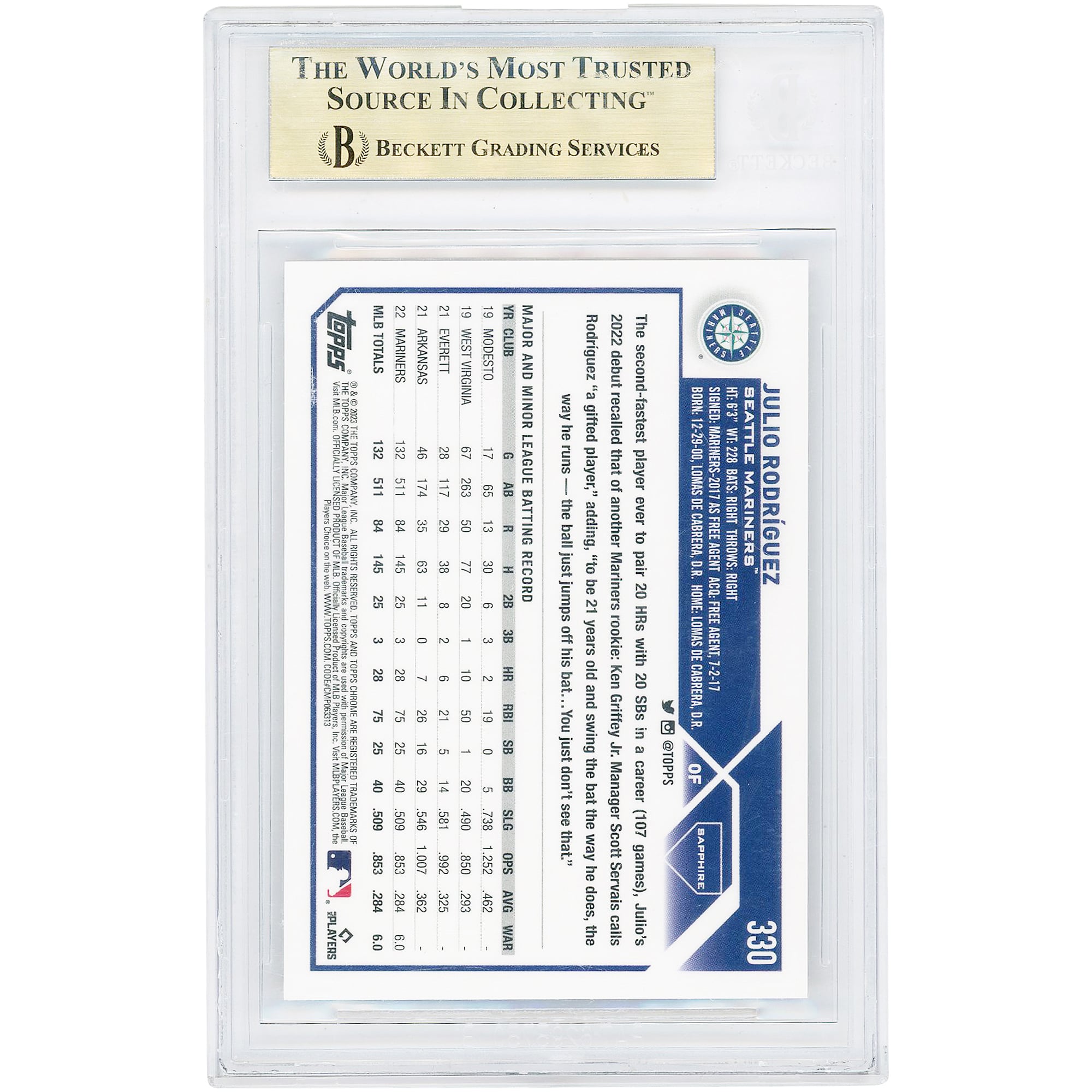 Julio Rodriguez Seattle Mariners 2023 Topps Chrome Sapphire Gold Refractor #330 #35/50 BGS Authenticated 9.5 Card - 9.5,9,9.5,9.5 Subgrades