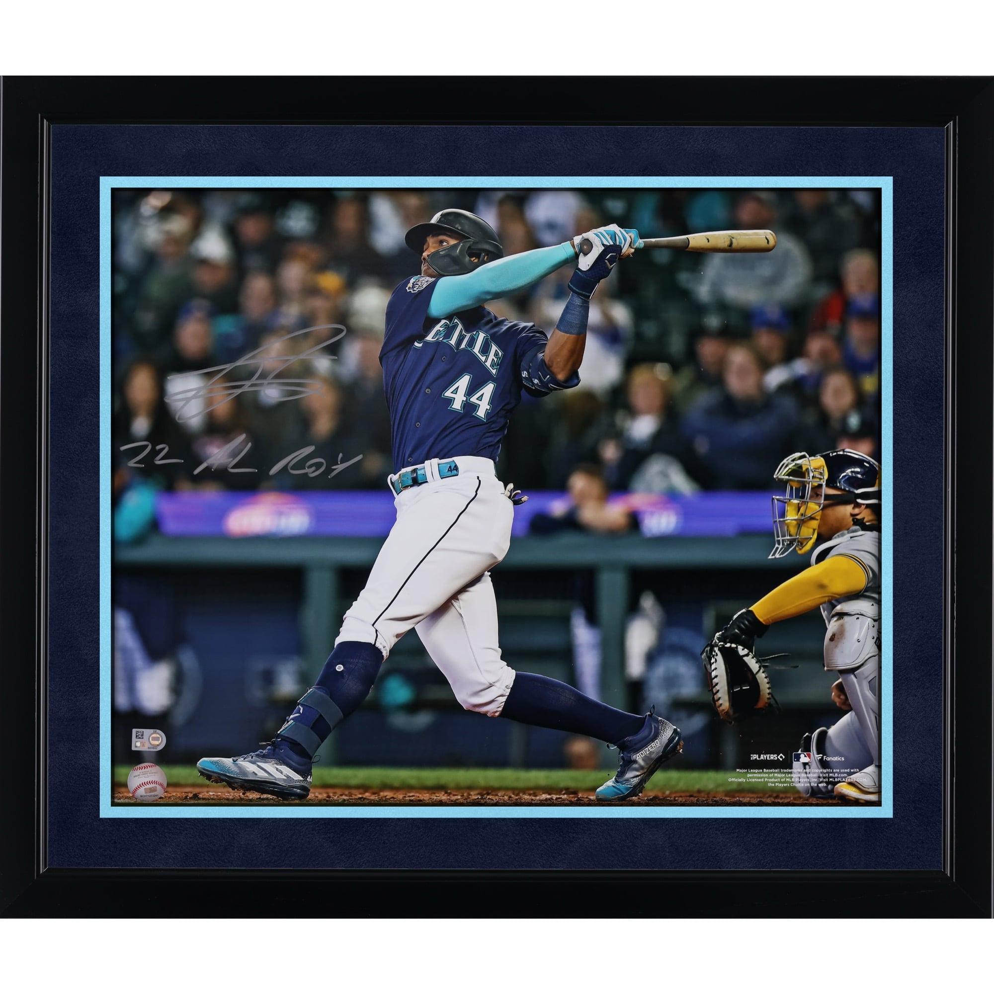 Photo dédicacée de Julio Rodriguez (Seattle Mariners) en pleine action, 40 x 50 cm, avec inscription « 22 AL ROY ».
