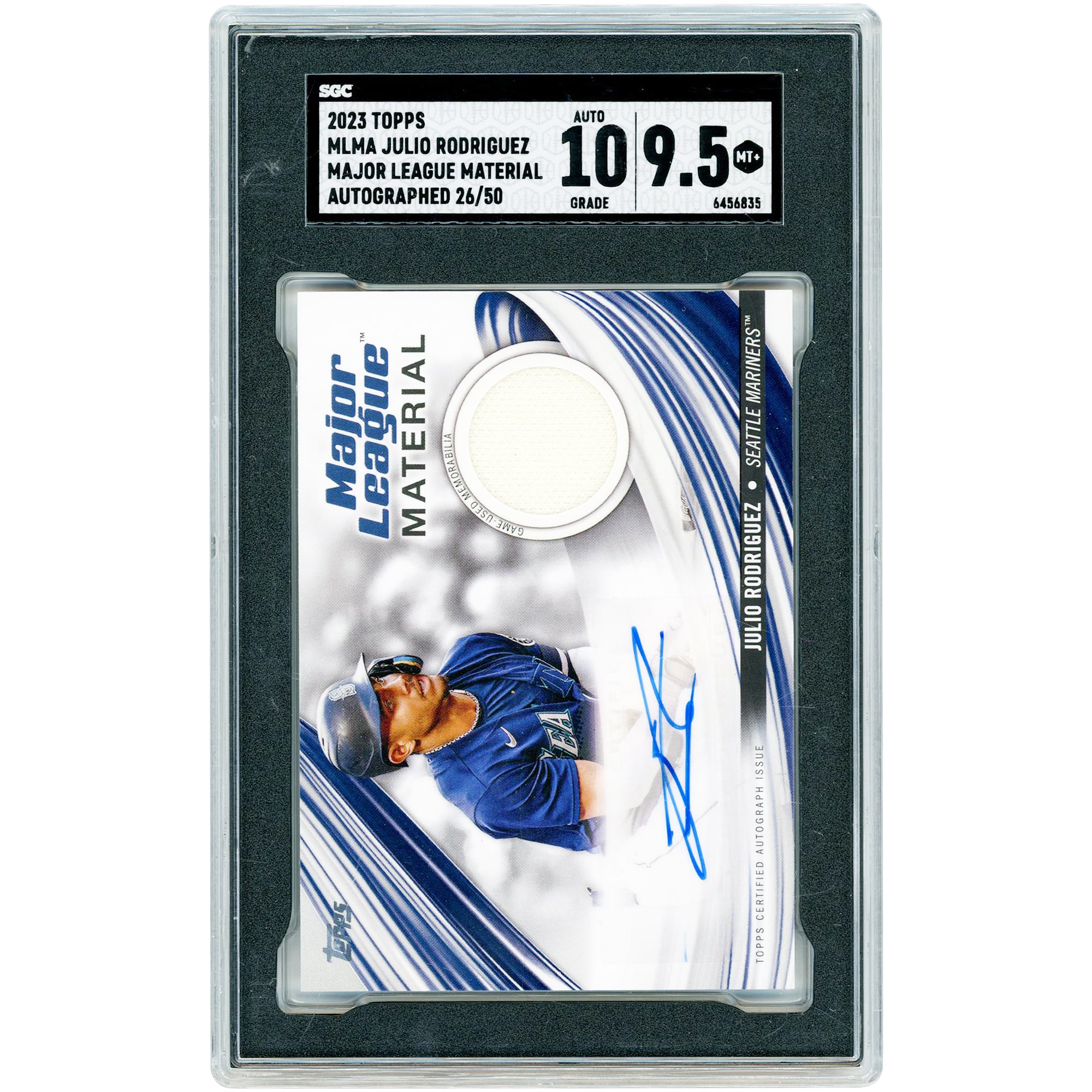 Carte autographiée de Julio Rodriguez (Seattle Mariners), collection Topps Major League Material 2023, avec un morceau de maillot porté en match (référence #MLMA-JR #26/50), authentifiée par SGC (note 9,5/10).