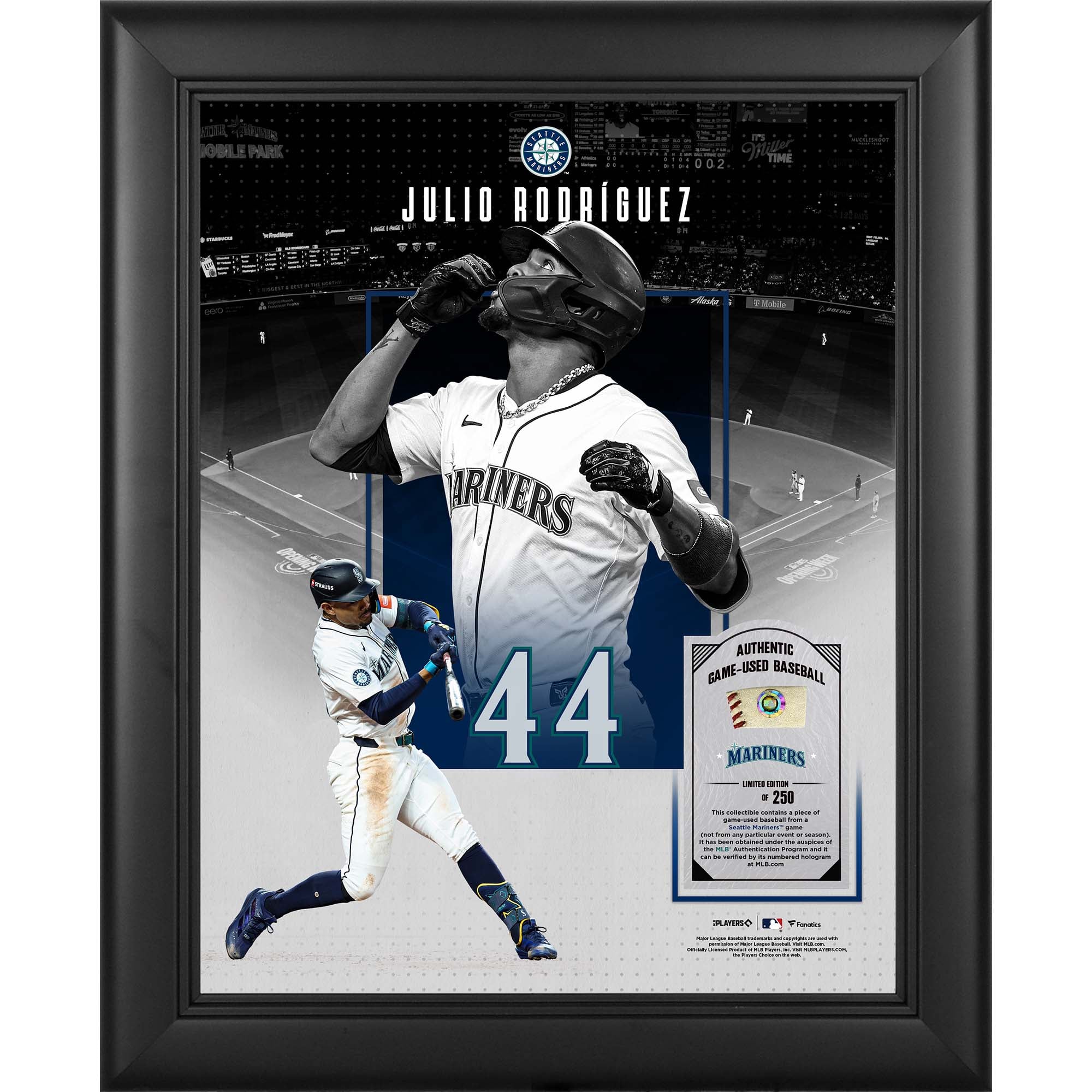 Collage encadré 11" x 14" de Julio Rodriguez (Seattle Mariners) avec un morceau de balle utilisée en match - Édition limitée à 250 exemplaires