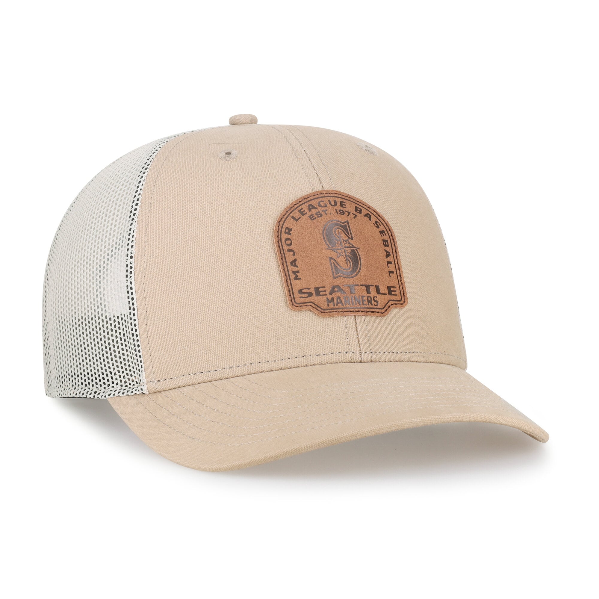 Casquette trucker à fermeture snapback en cuir véritable Seattle Mariners kaki '47 pour homme