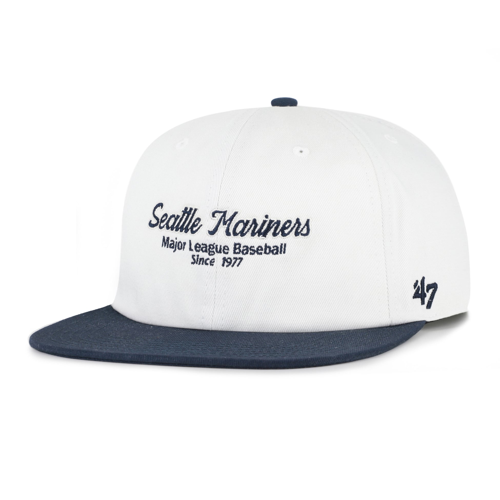 Men's '47 White/Navy Seattle Mariners Script Stack Relaxed Captain Snapback