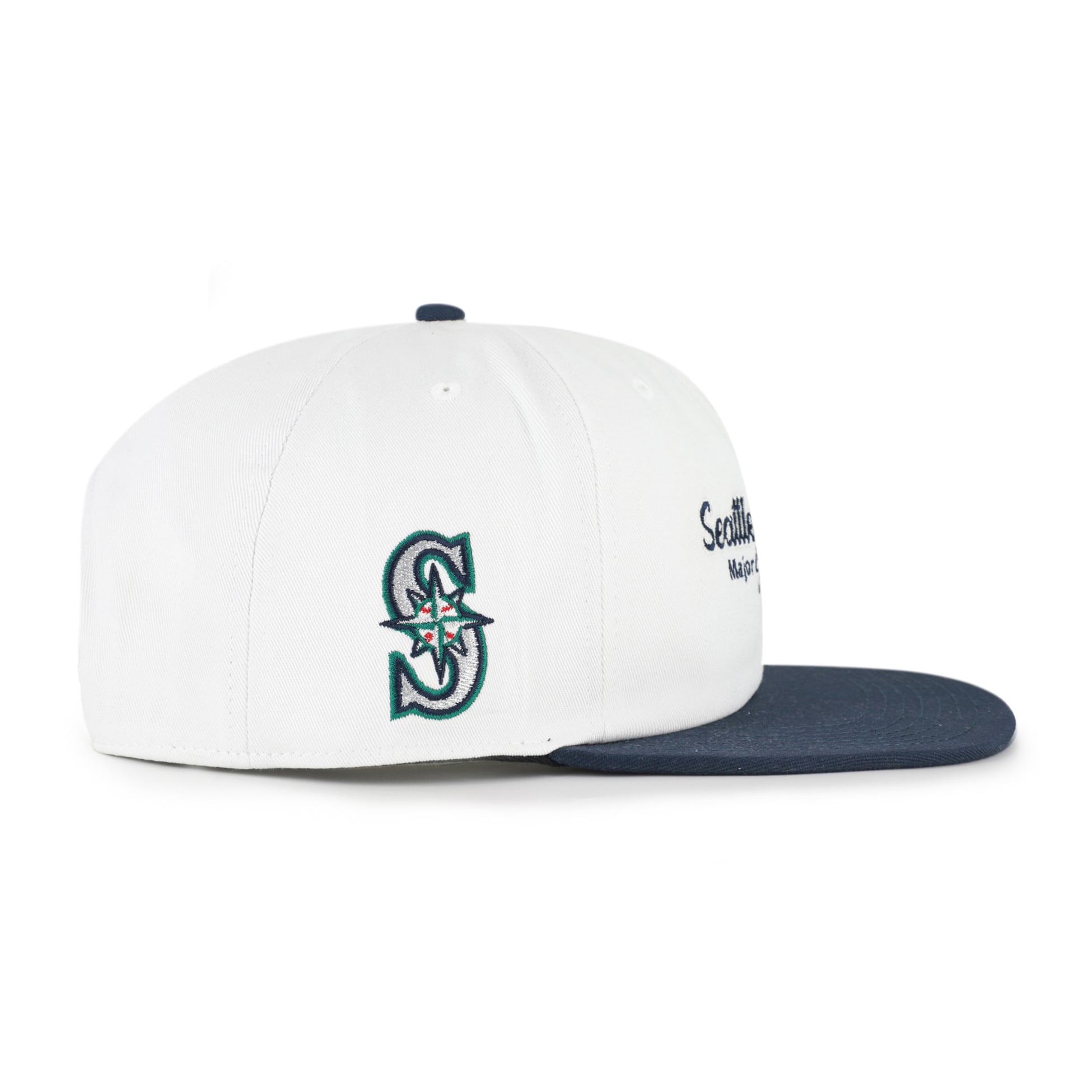 Men's '47 White/Navy Seattle Mariners Script Stack Relaxed Captain Snapback