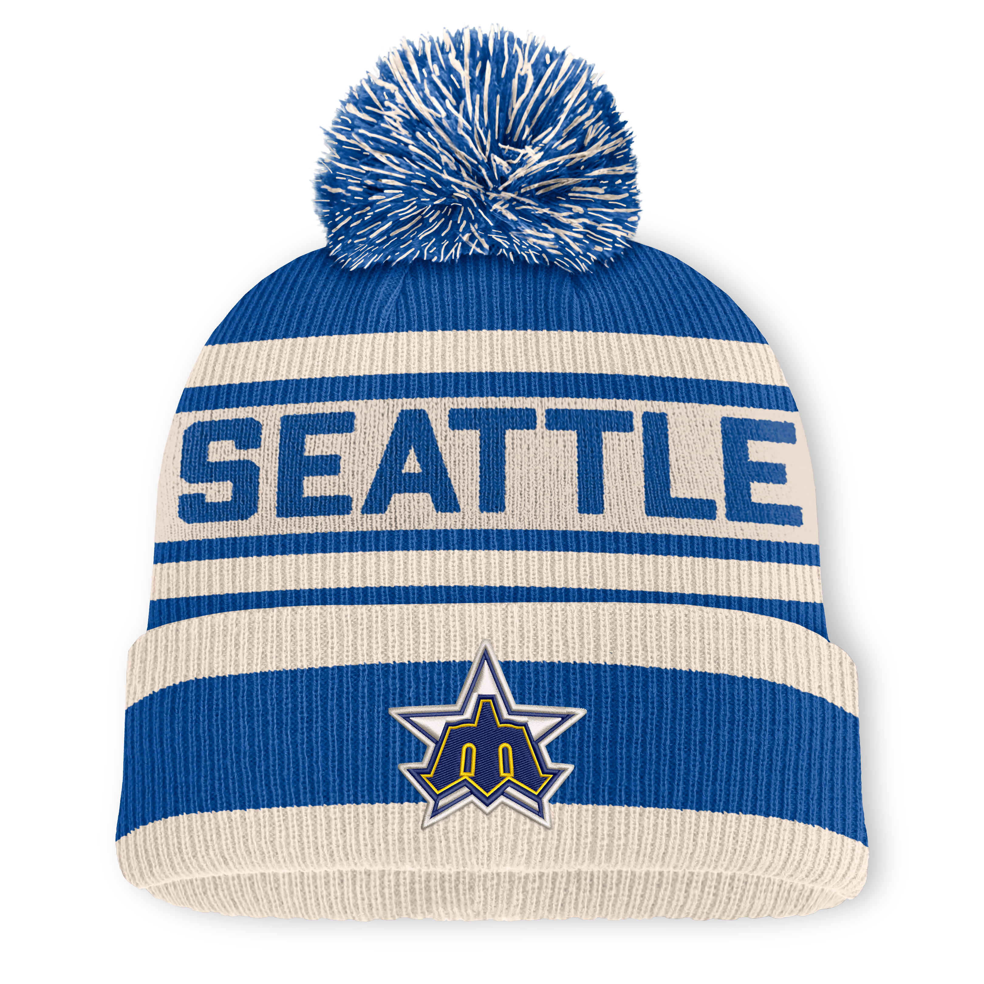 Bonnet à revers en maille avec pompon, modèle Tape Measure Tape Measure, bleu marine, Seattle Mariners, pour homme, de la marque Fanatics.
