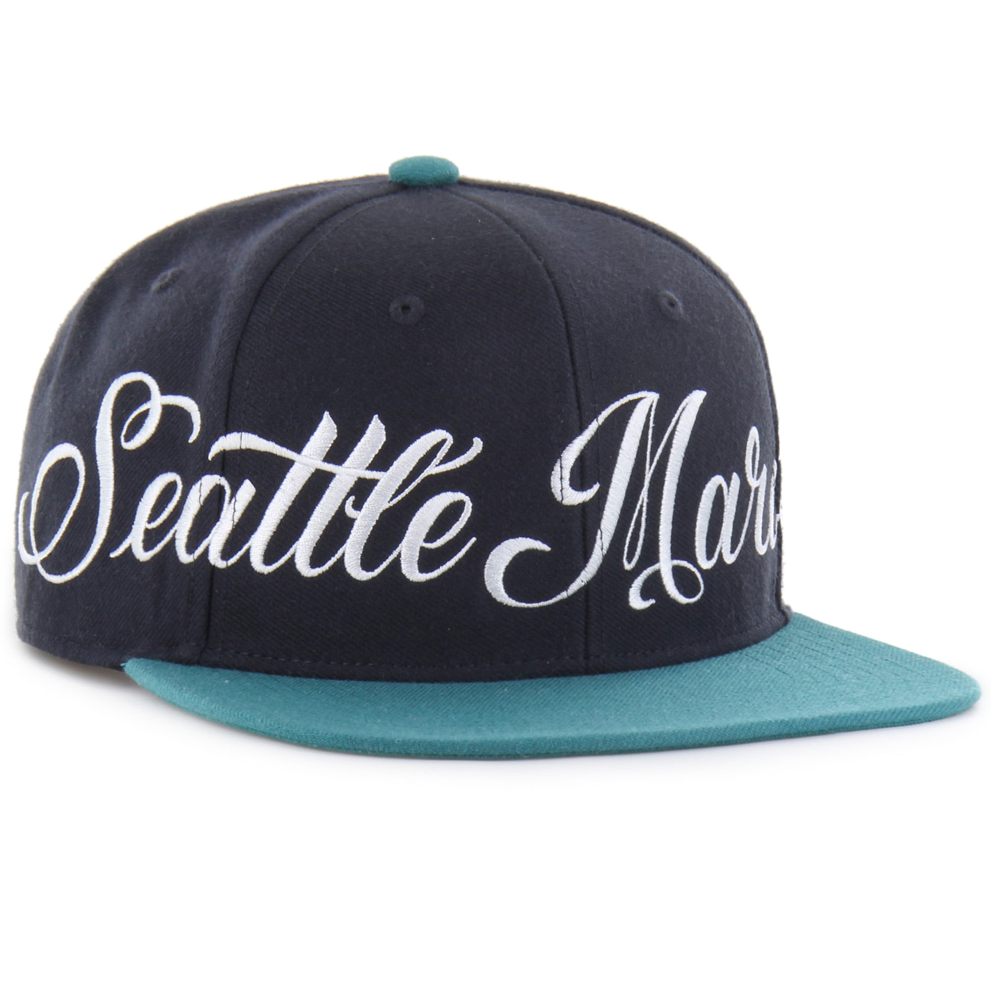 Men's Mister Cartoon x '47 Navy/Teal Seattle Mariners Wrap Script Captain Snapback Hat