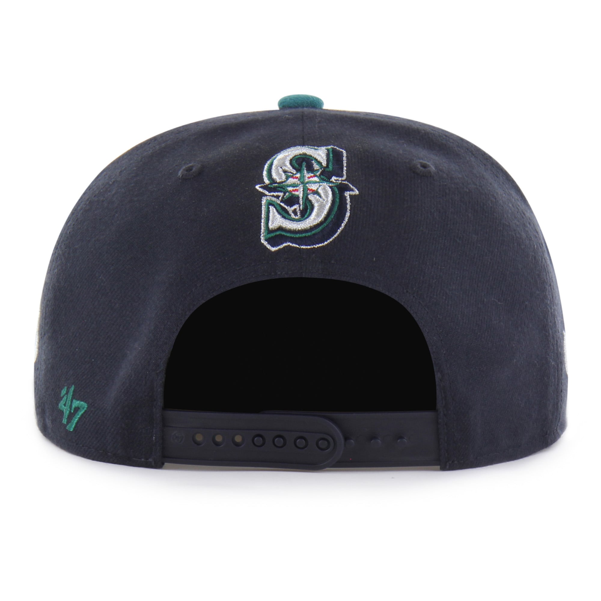 Men's Mister Cartoon x '47 Navy/Teal Seattle Mariners Wrap Script Captain Snapback Hat