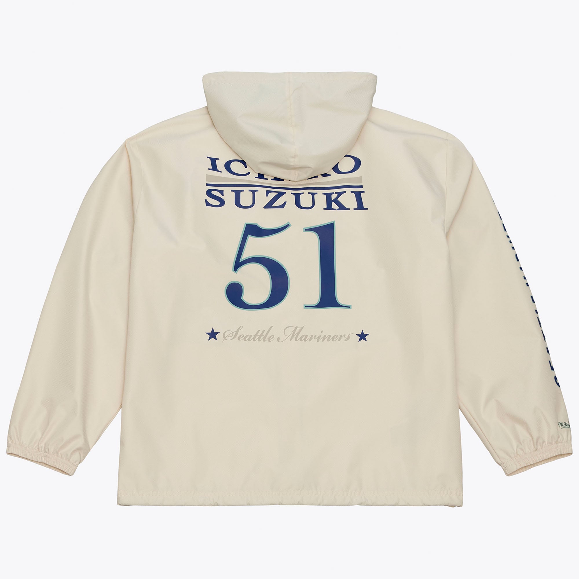 Veste de coach à capuche Mitchell & Ness Ichiro Suzuki crème Seattle Mariners, fermeture boutons-pression, style Yacht Rock, avec nom et numéro.