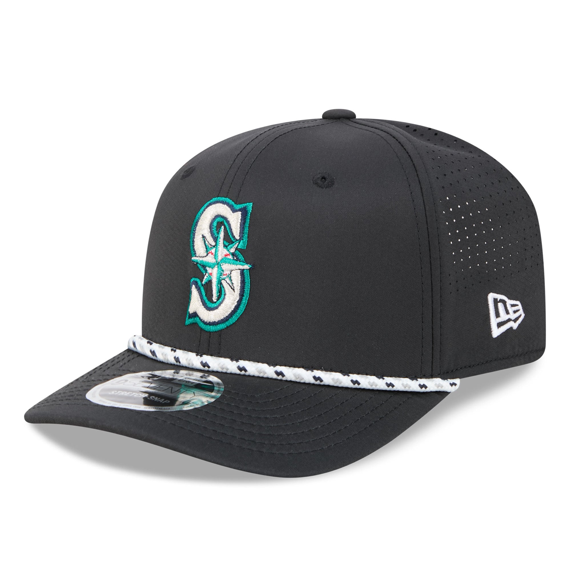 Casquette New Era noire Seattle Mariners pour homme, modèle 9SEVENTY à cordon ajustable.