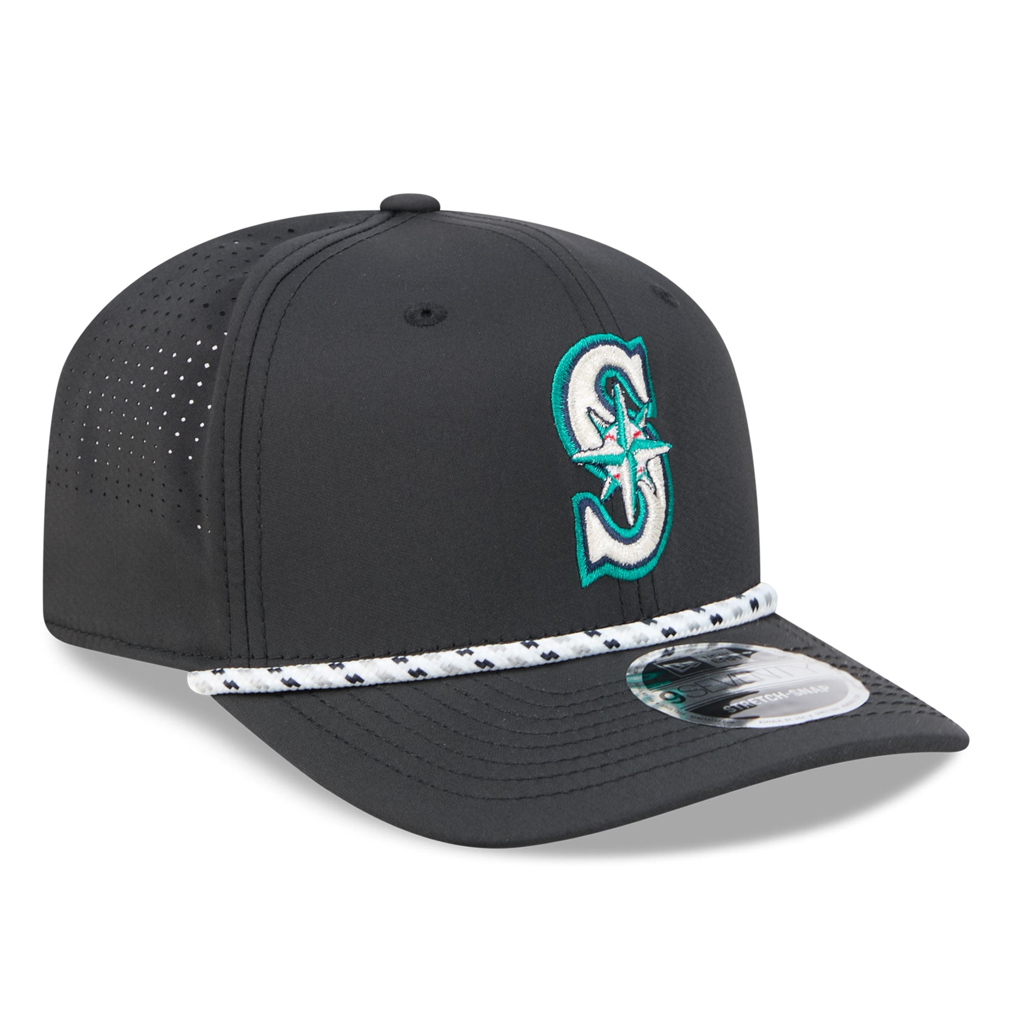 Casquette New Era noire Seattle Mariners pour homme, modèle 9SEVENTY à cordon ajustable.